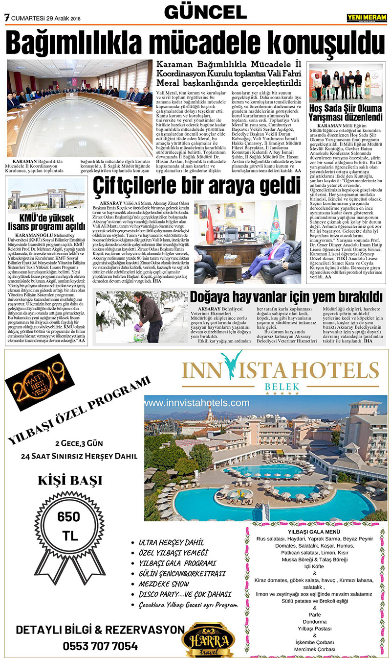 29 Aralık 2018 Yeni Meram Gazetesi