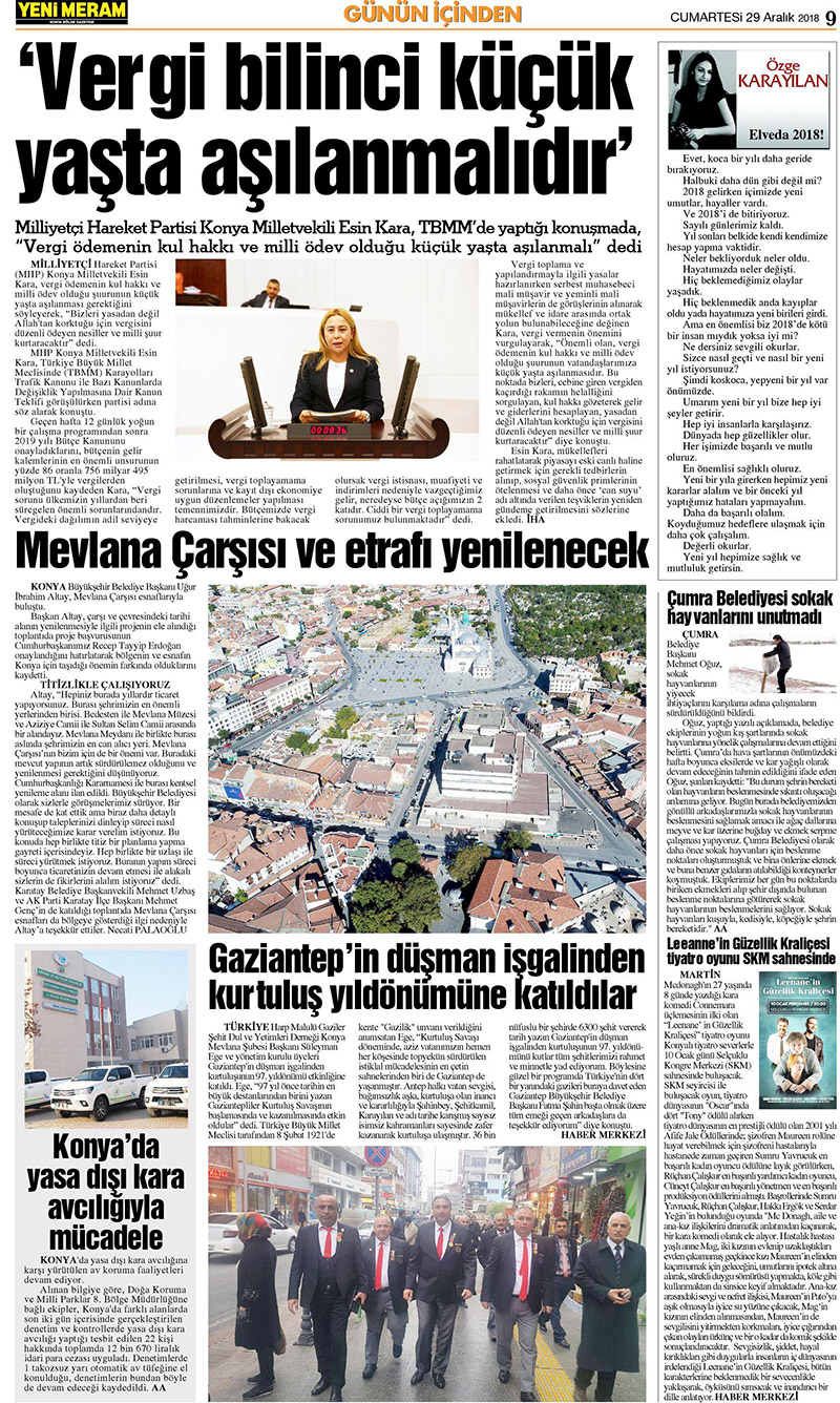 29 Aralık 2018 Yeni Meram Gazetesi