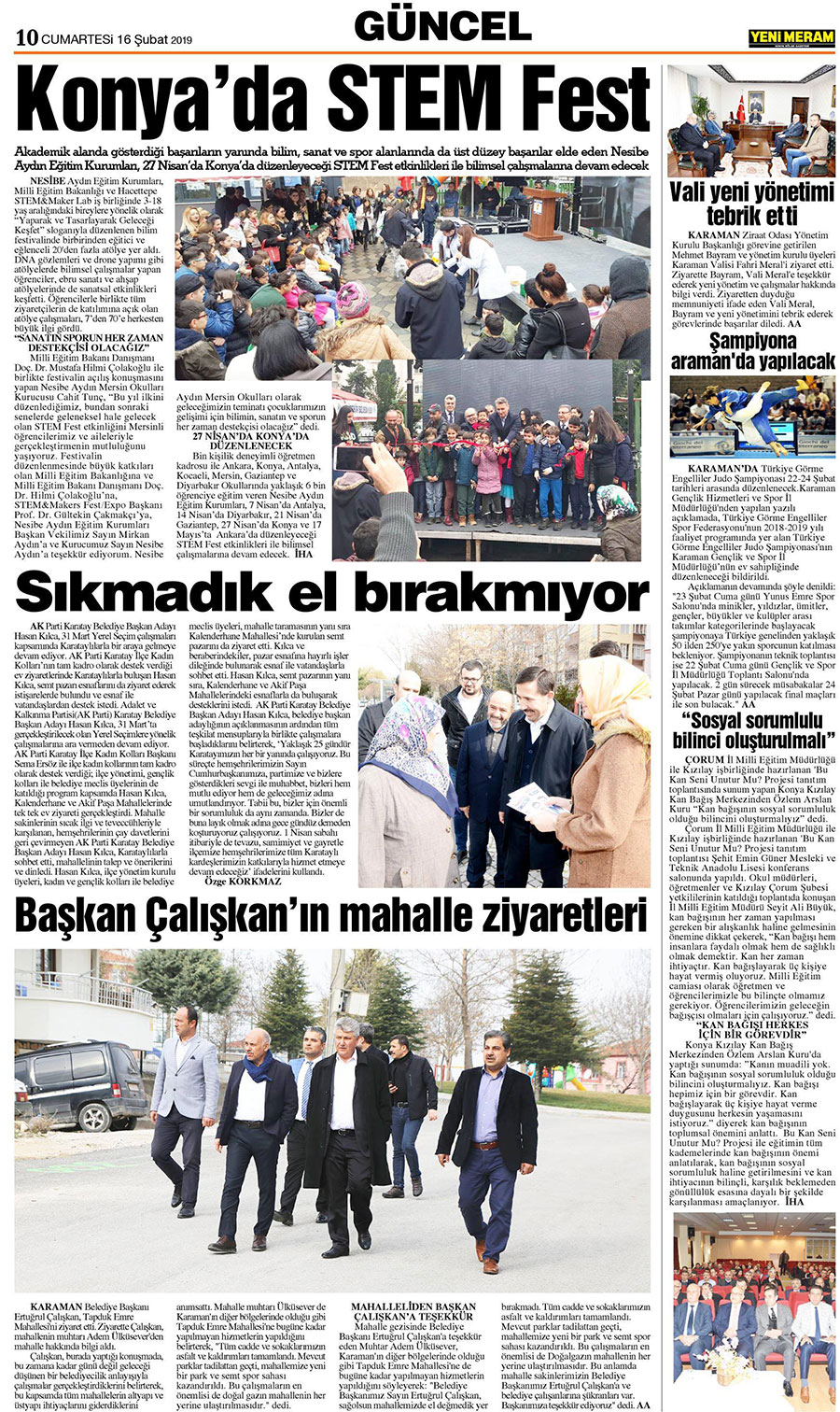 16 Şubat 2019 Yeni Meram Gazetesi