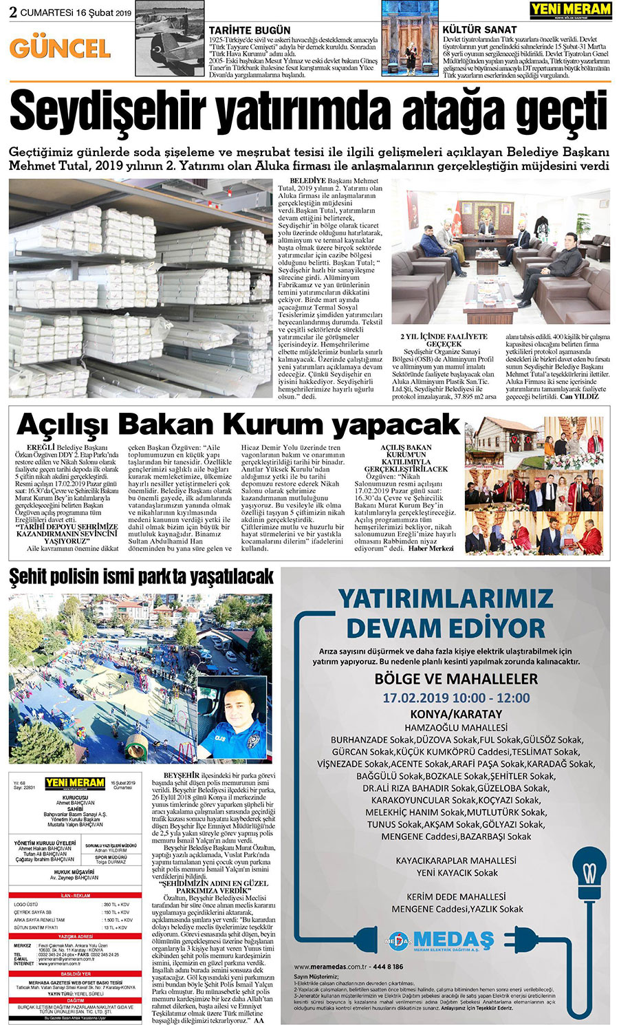 16 Şubat 2019 Yeni Meram Gazetesi