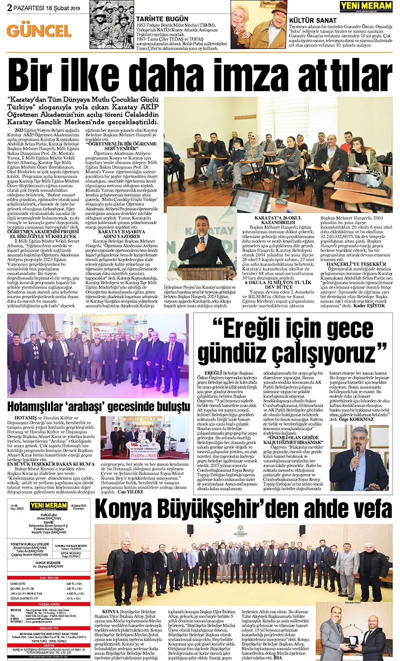 18 Şubat 2019 Yeni Meram Gazetesi