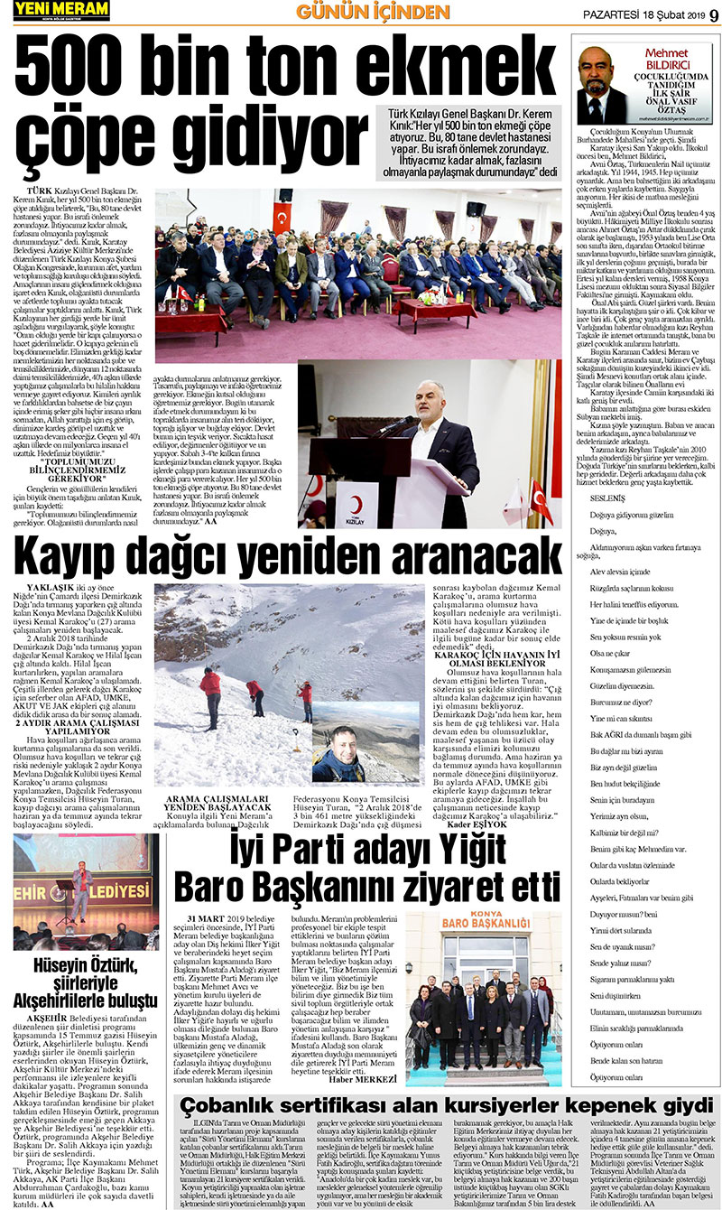 18 Şubat 2019 Yeni Meram Gazetesi