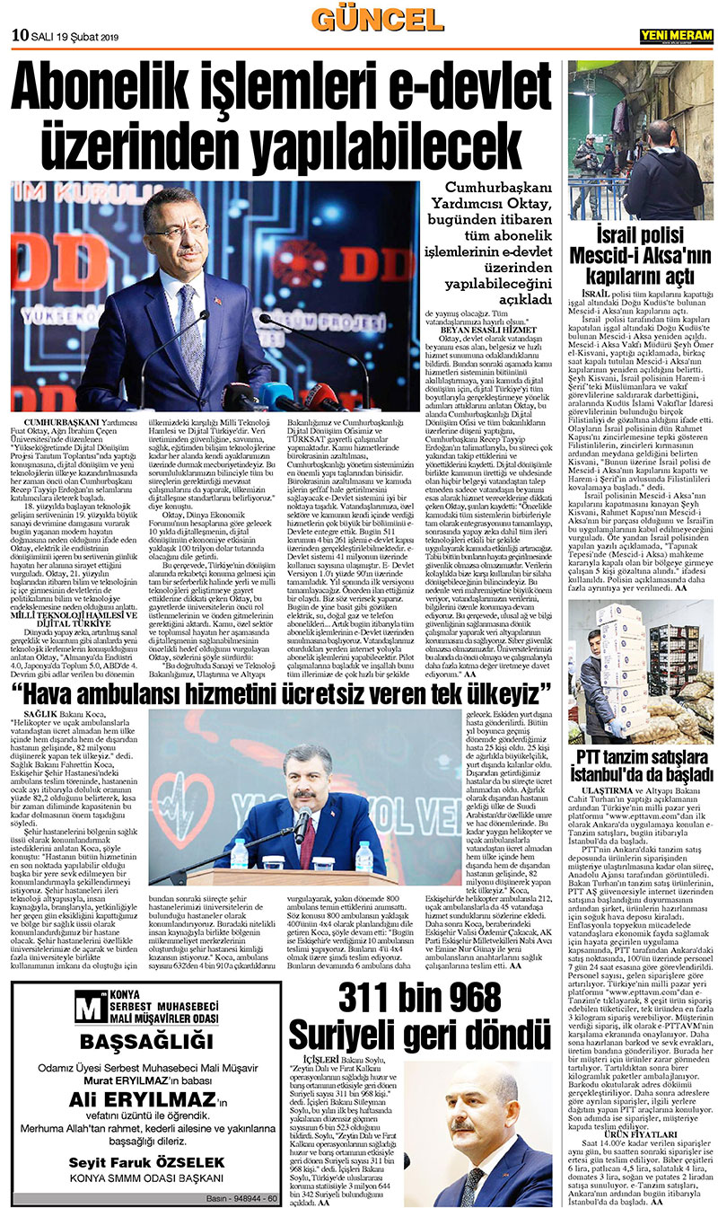 19 Şubat 2019 Yeni Meram Gazetesi