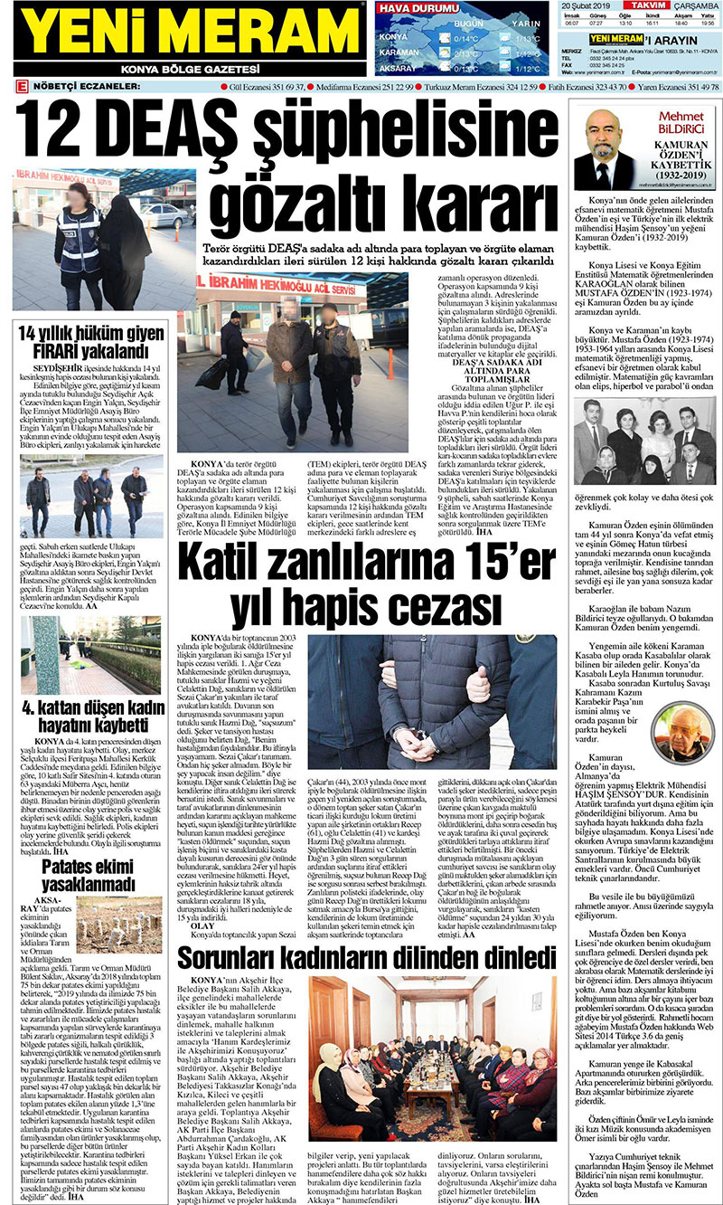 20 Şubat 2019 Yeni Meram Gazetesi