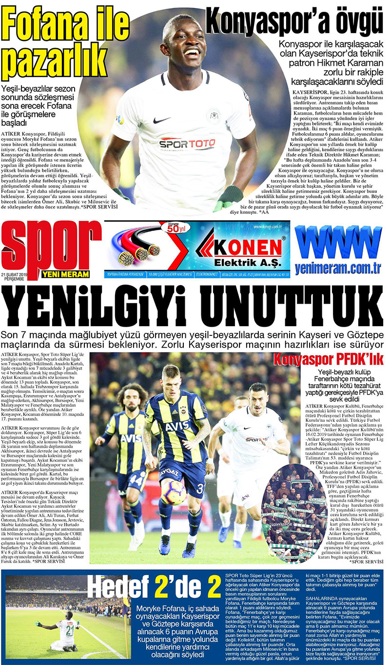 21 Şubat 2019 Yeni Meram Gazetesi