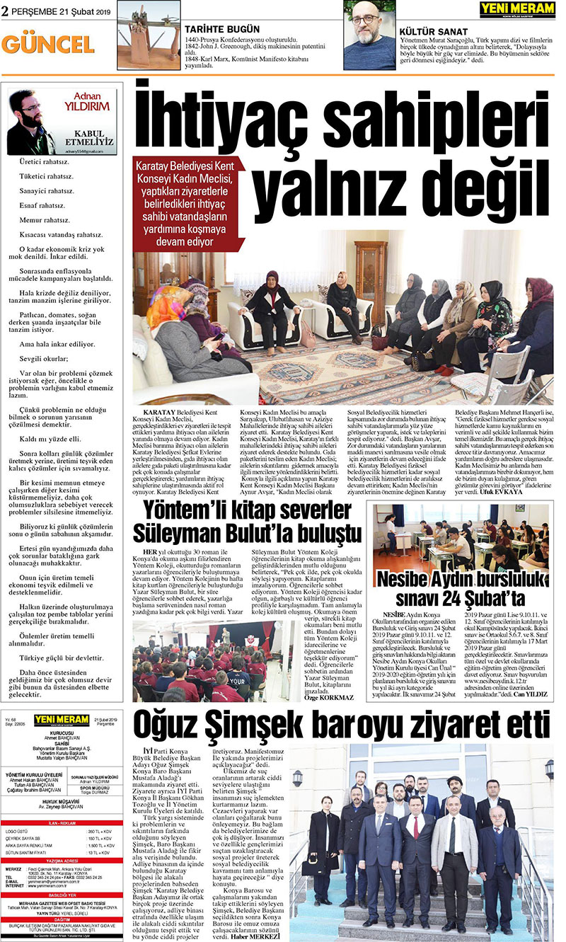 21 Şubat 2019 Yeni Meram Gazetesi