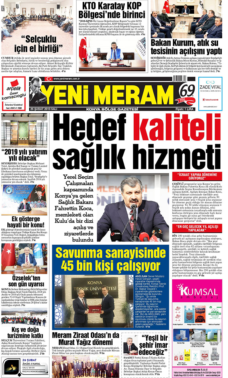 26 Şubat 2019 Yeni Meram Gazetesi