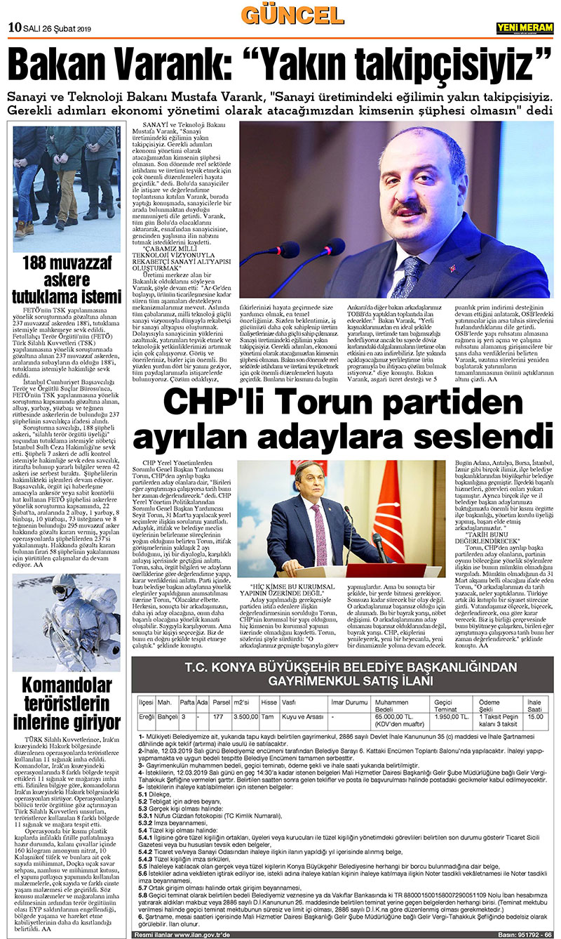 26 Şubat 2019 Yeni Meram Gazetesi