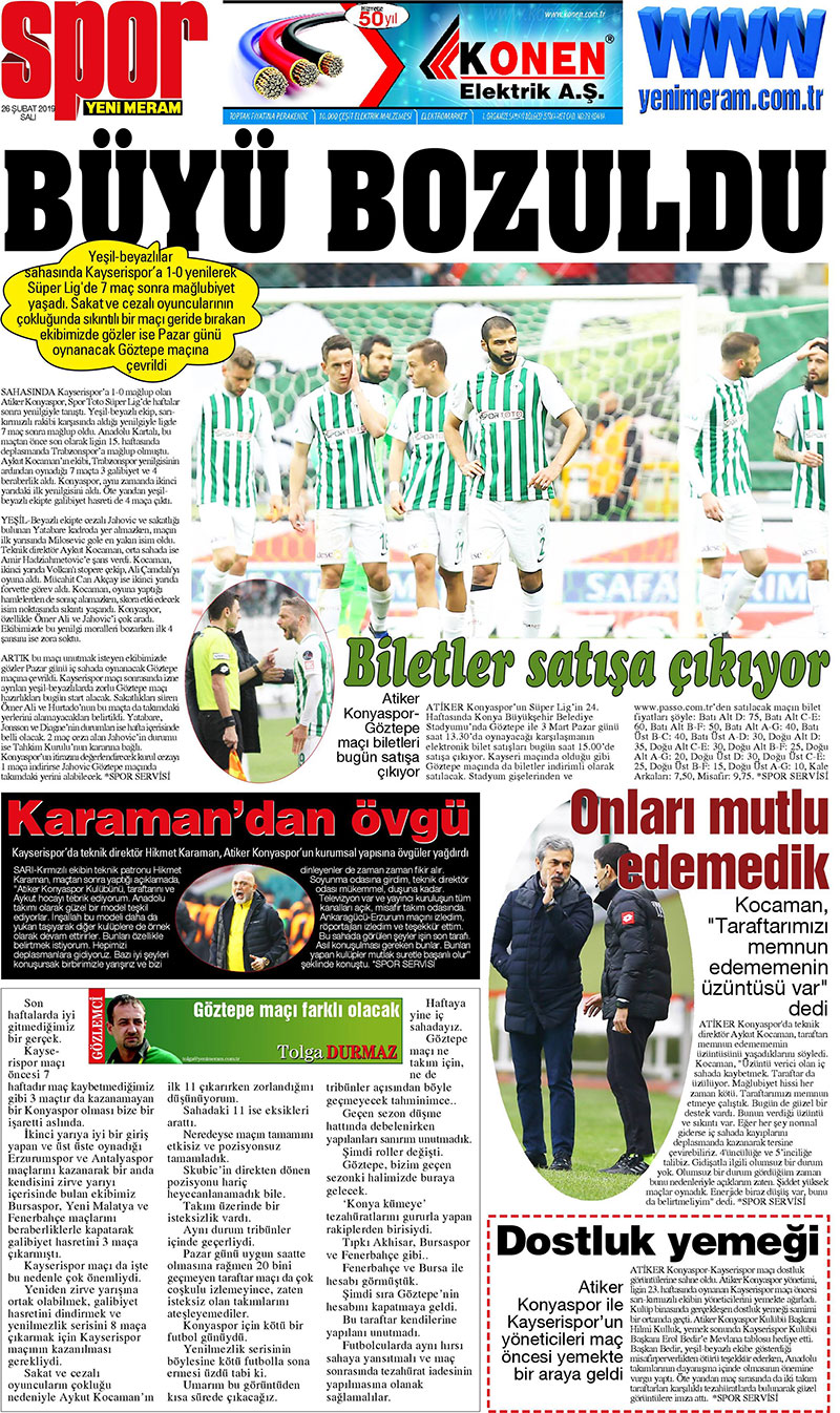 26 Şubat 2019 Yeni Meram Gazetesi