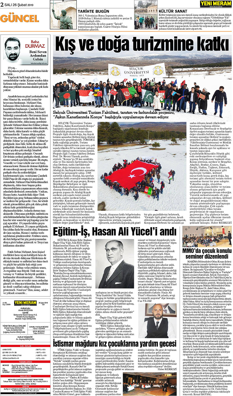 26 Şubat 2019 Yeni Meram Gazetesi