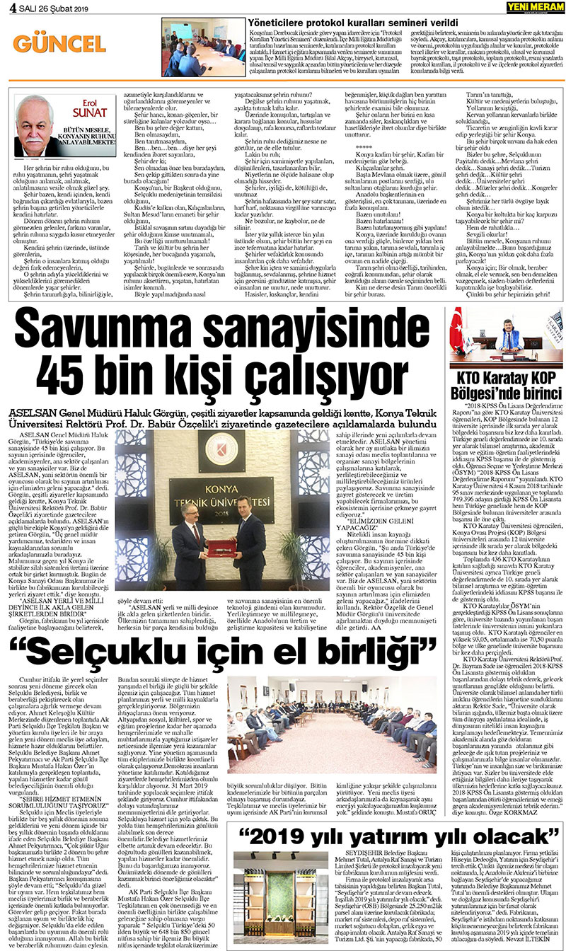 26 Şubat 2019 Yeni Meram Gazetesi