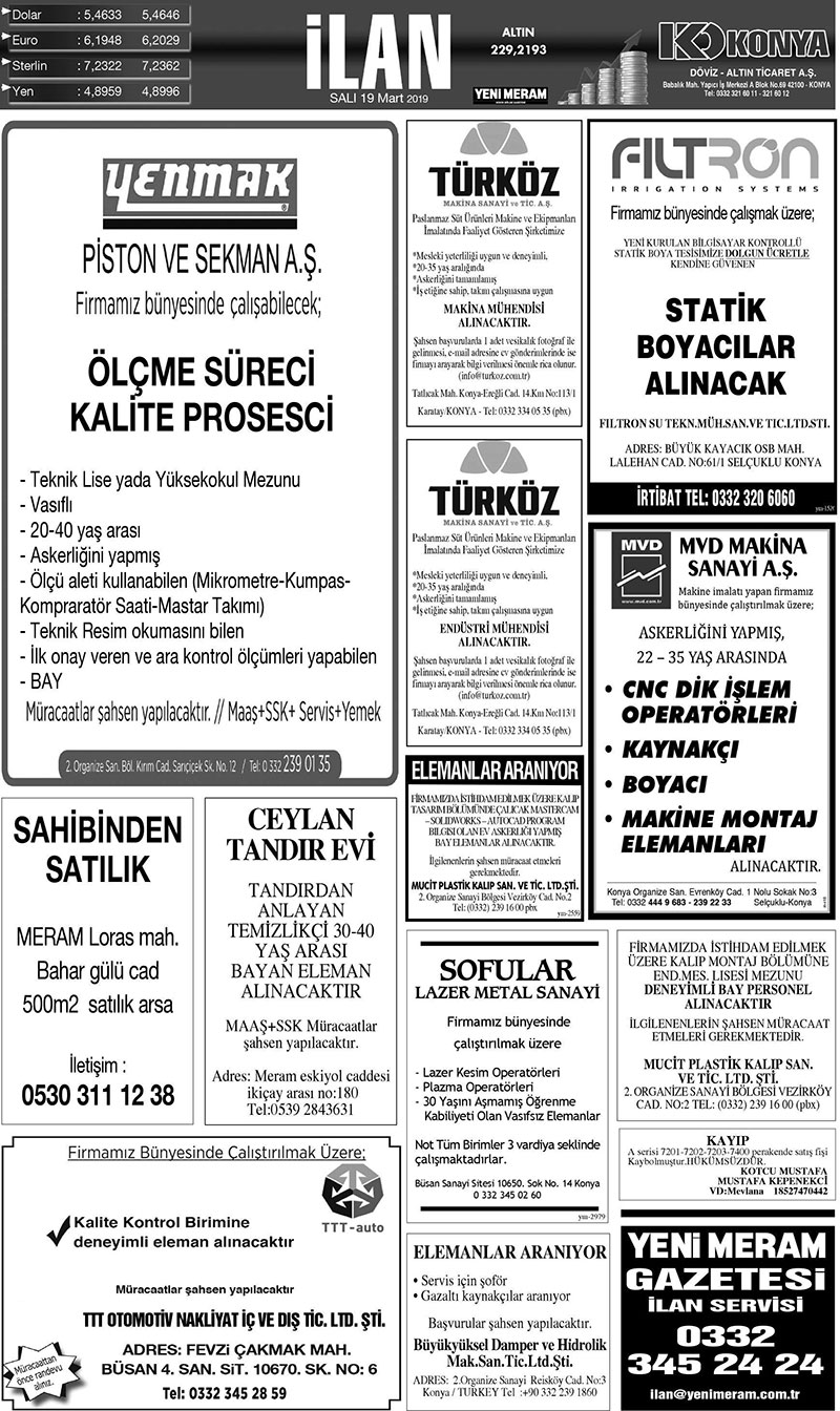 19 Mart 2019 Yeni Meram Gazetesi