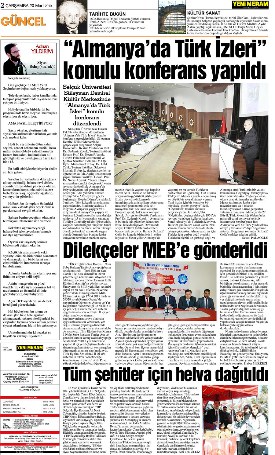 20 Mart 2019 Yeni Meram Gazetesi