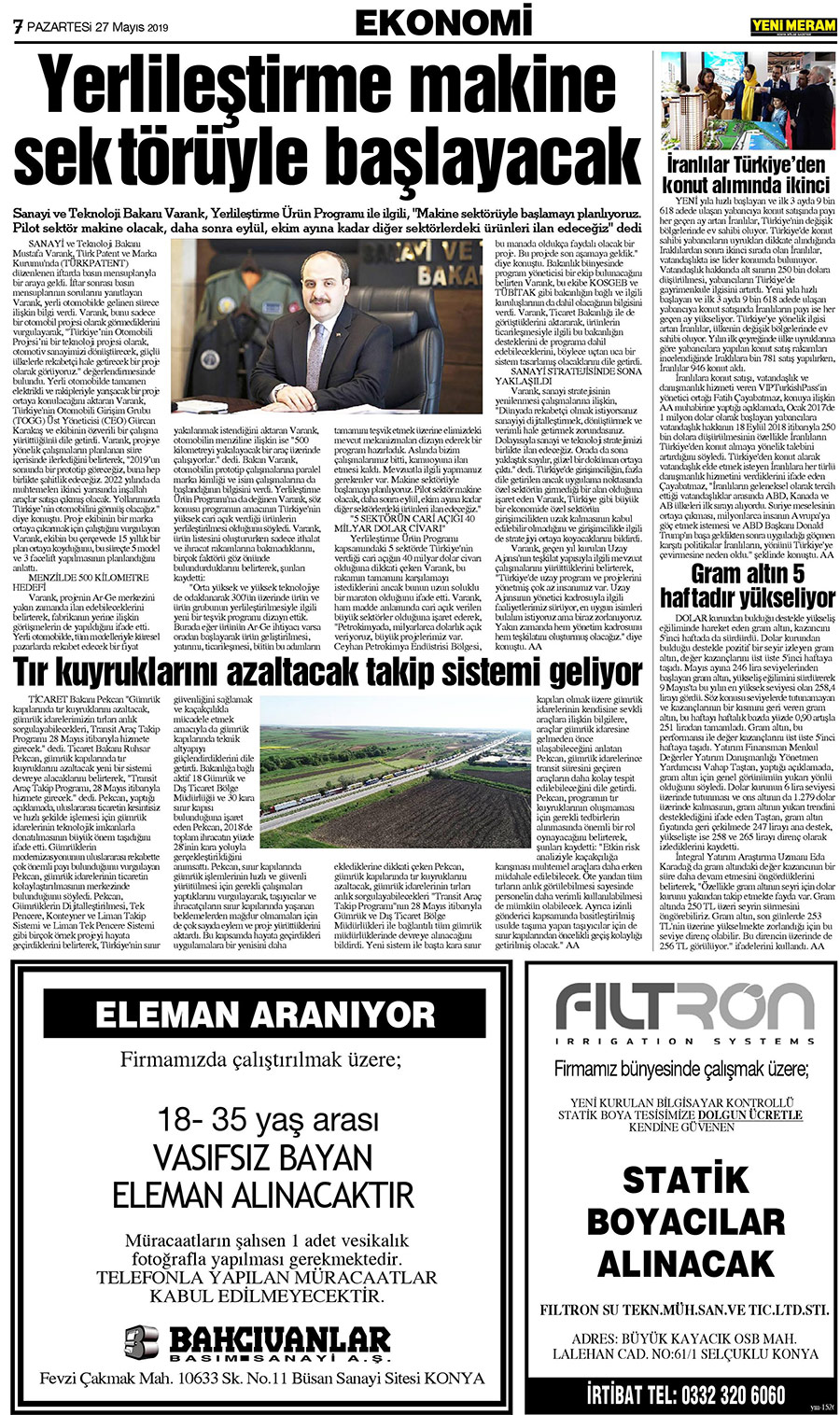 27 Mayıs 2019 Yeni Meram Gazetesi