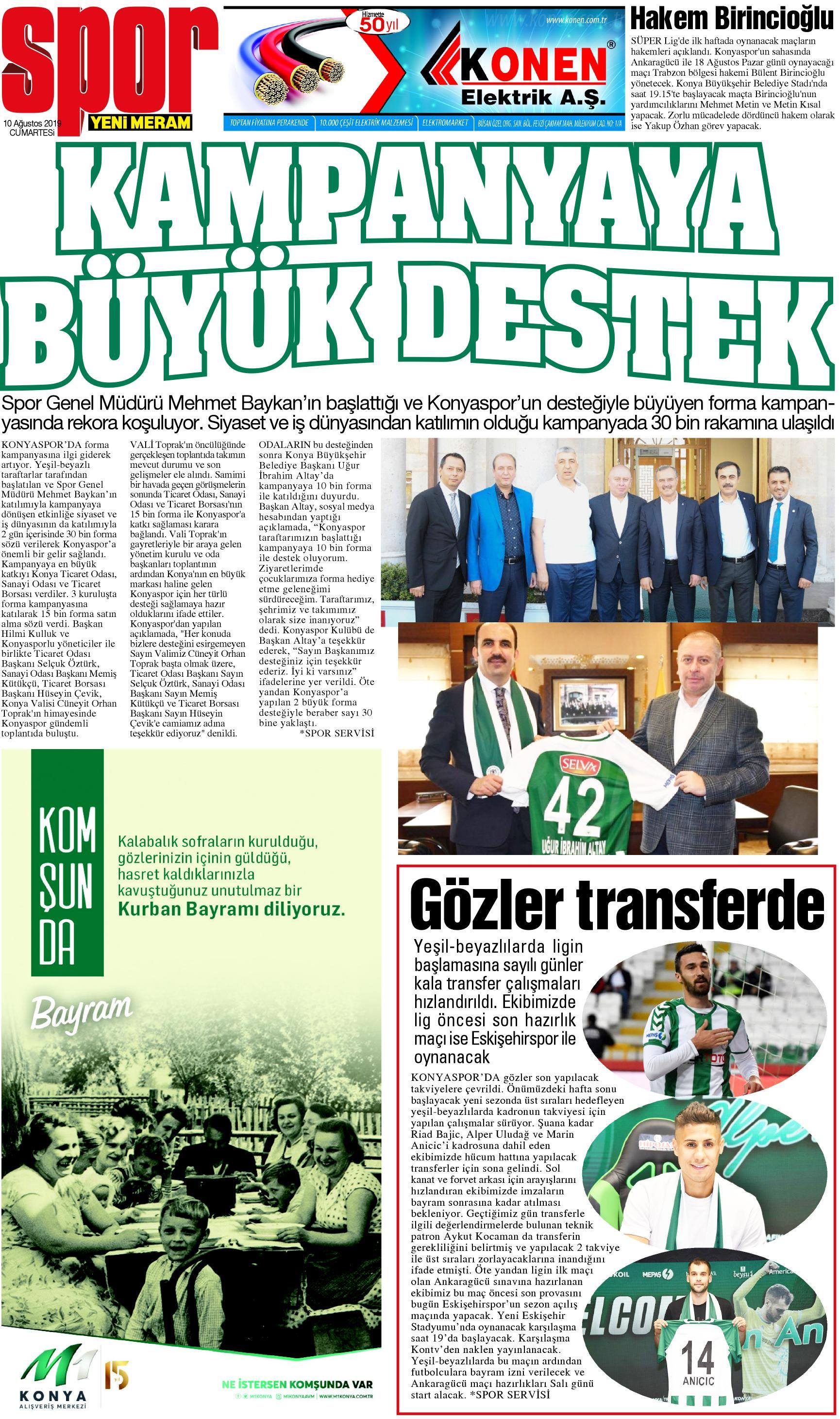 10 Ağustos 2019 Yeni Meram Gazetesi