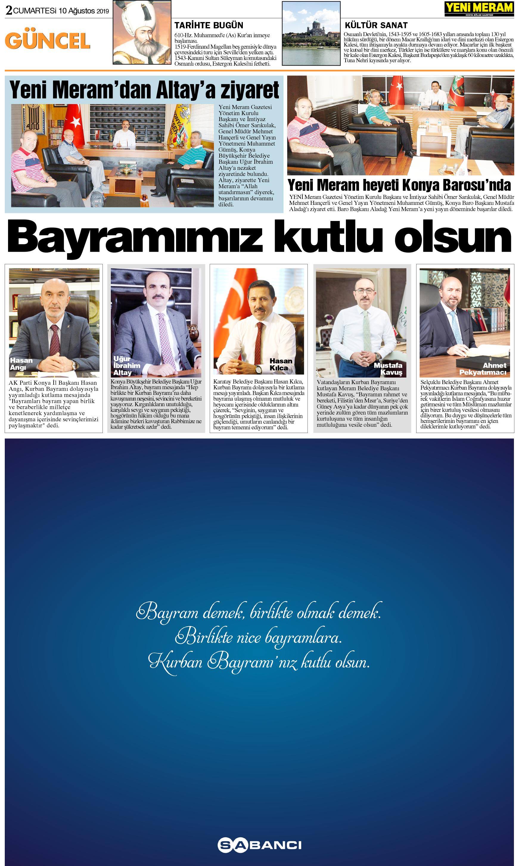 10 Ağustos 2019 Yeni Meram Gazetesi