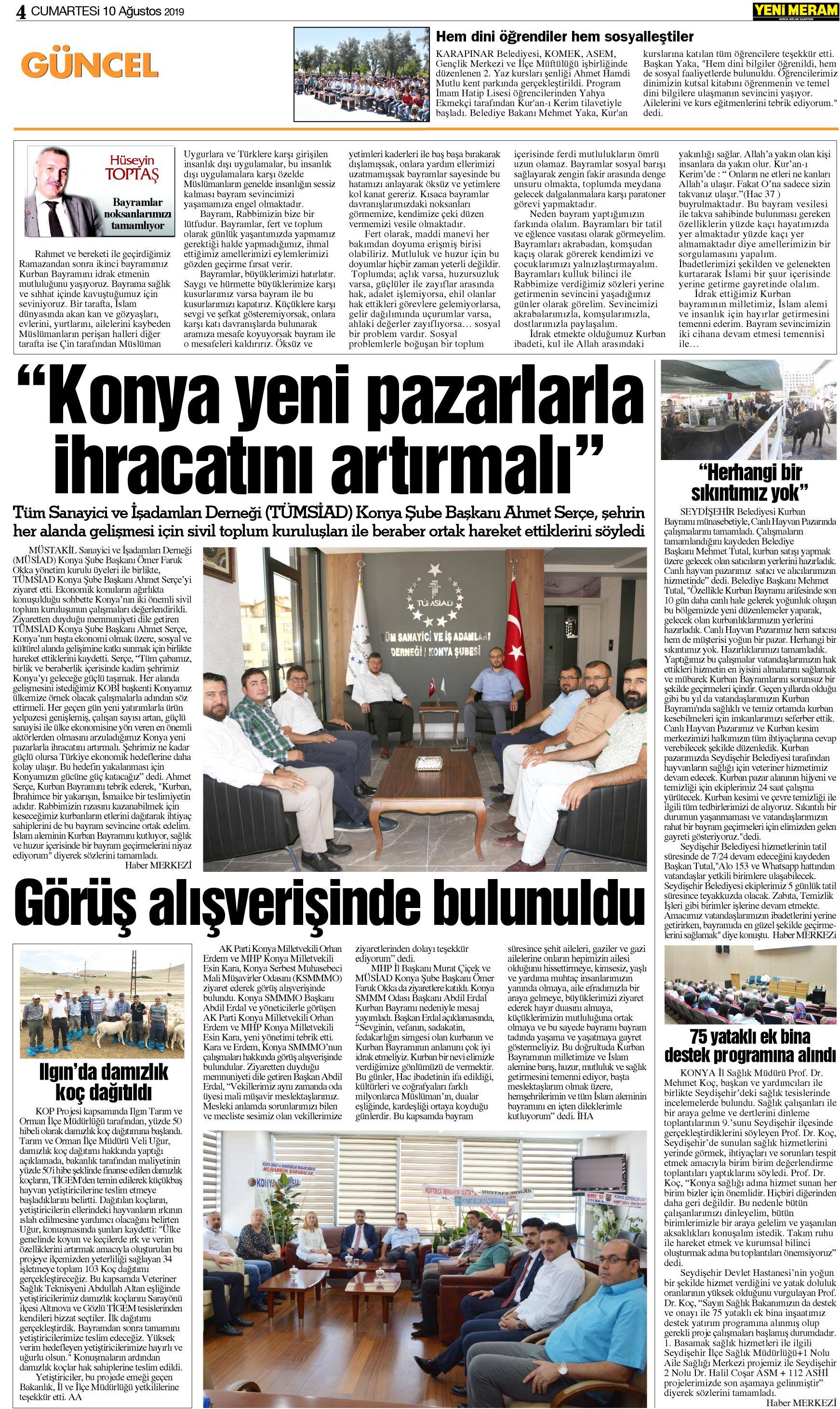 10 Ağustos 2019 Yeni Meram Gazetesi