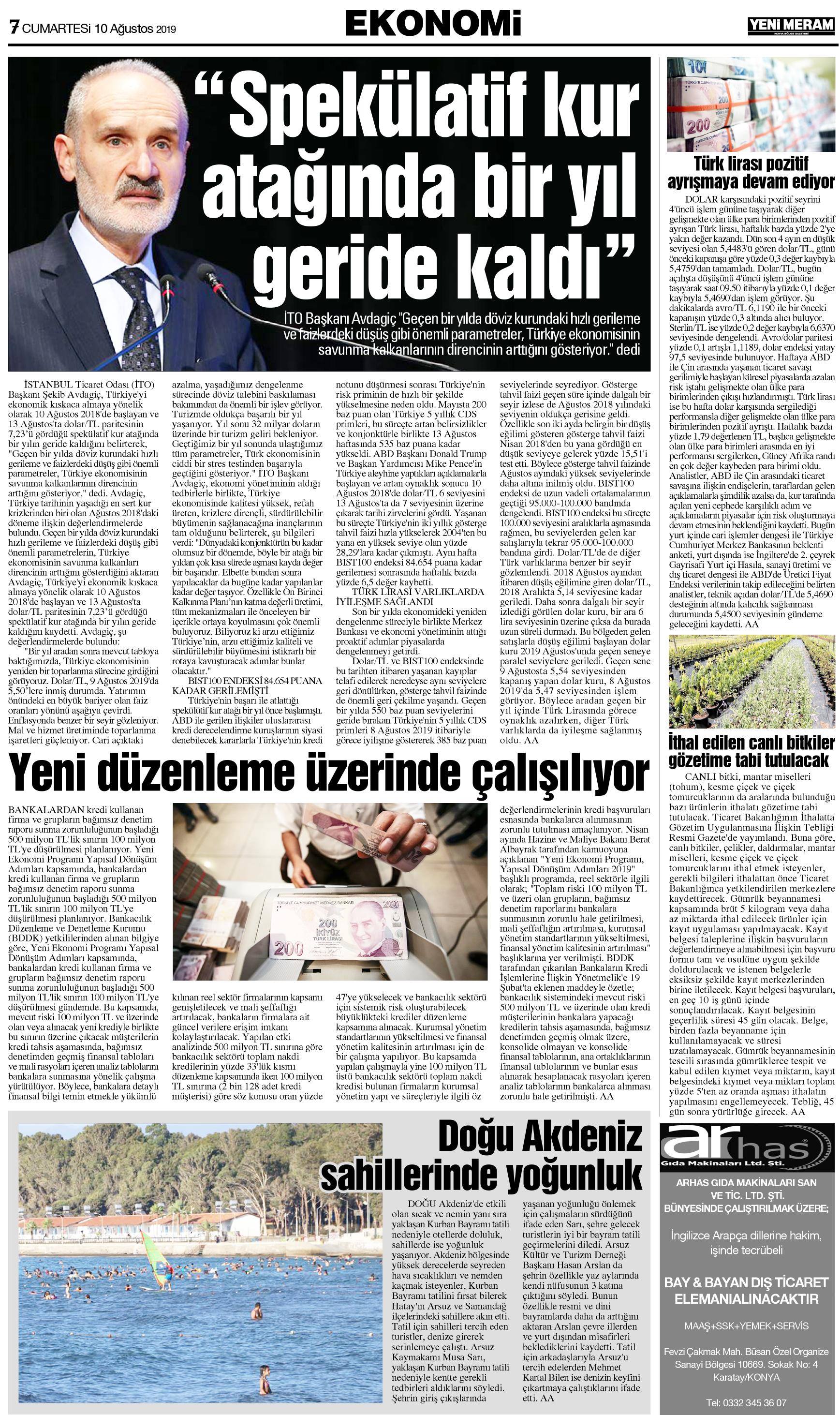 10 Ağustos 2019 Yeni Meram Gazetesi