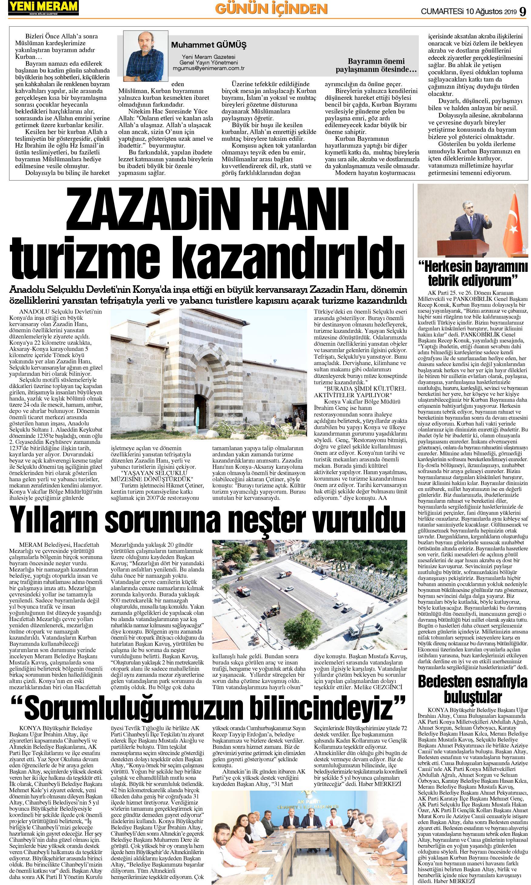 10 Ağustos 2019 Yeni Meram Gazetesi