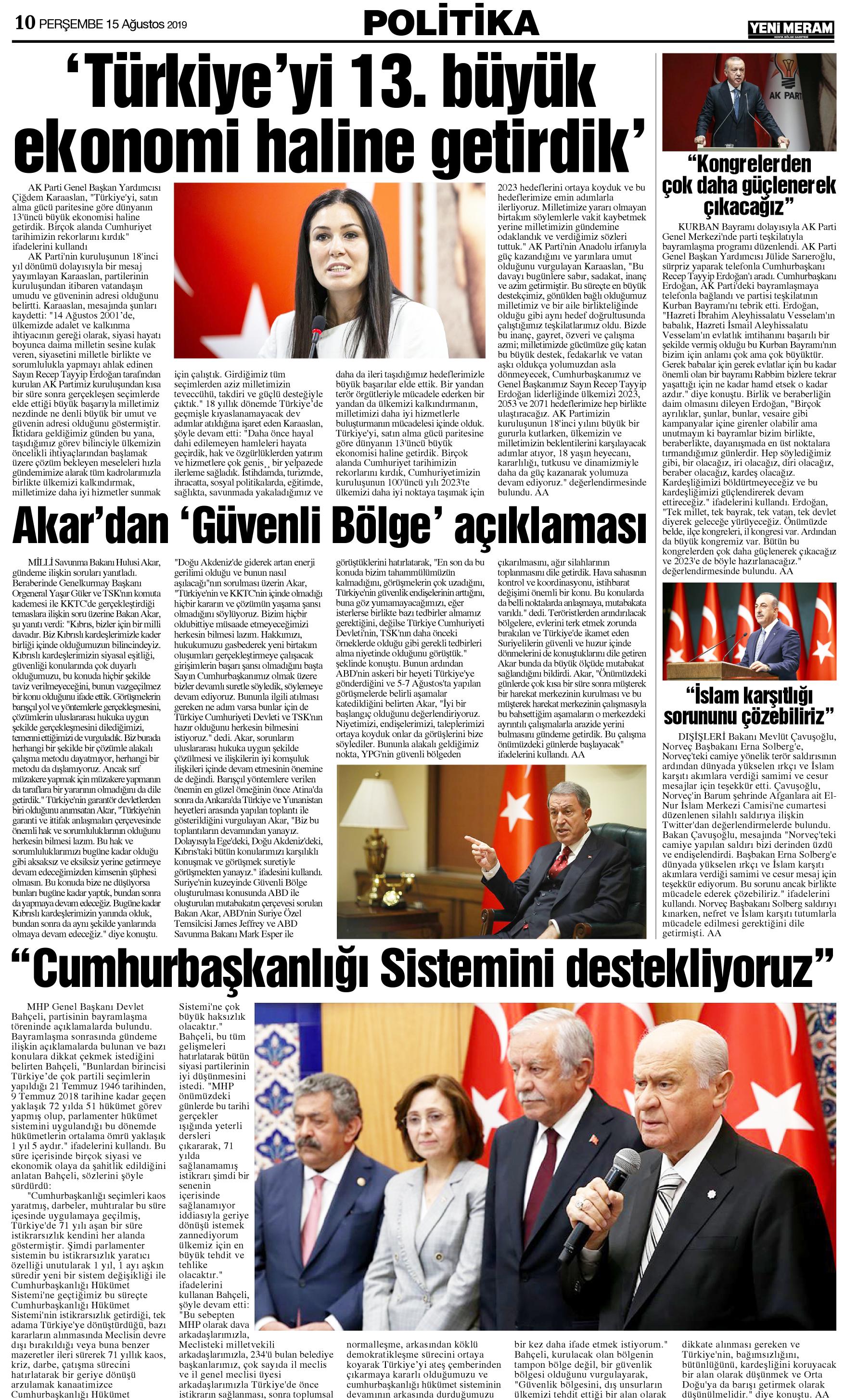 15 Ağustos 2019 Yeni Meram Gazetesi