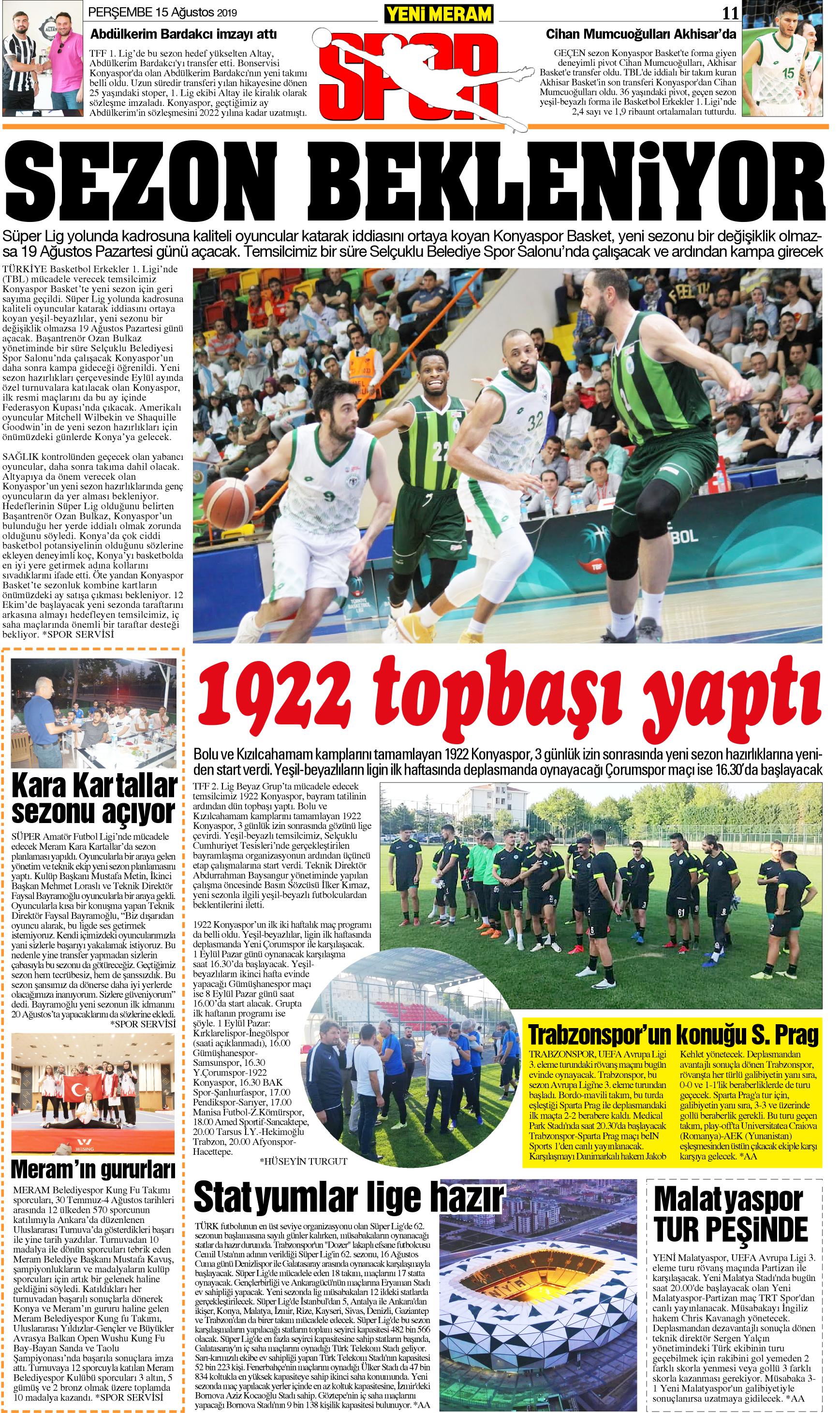 15 Ağustos 2019 Yeni Meram Gazetesi