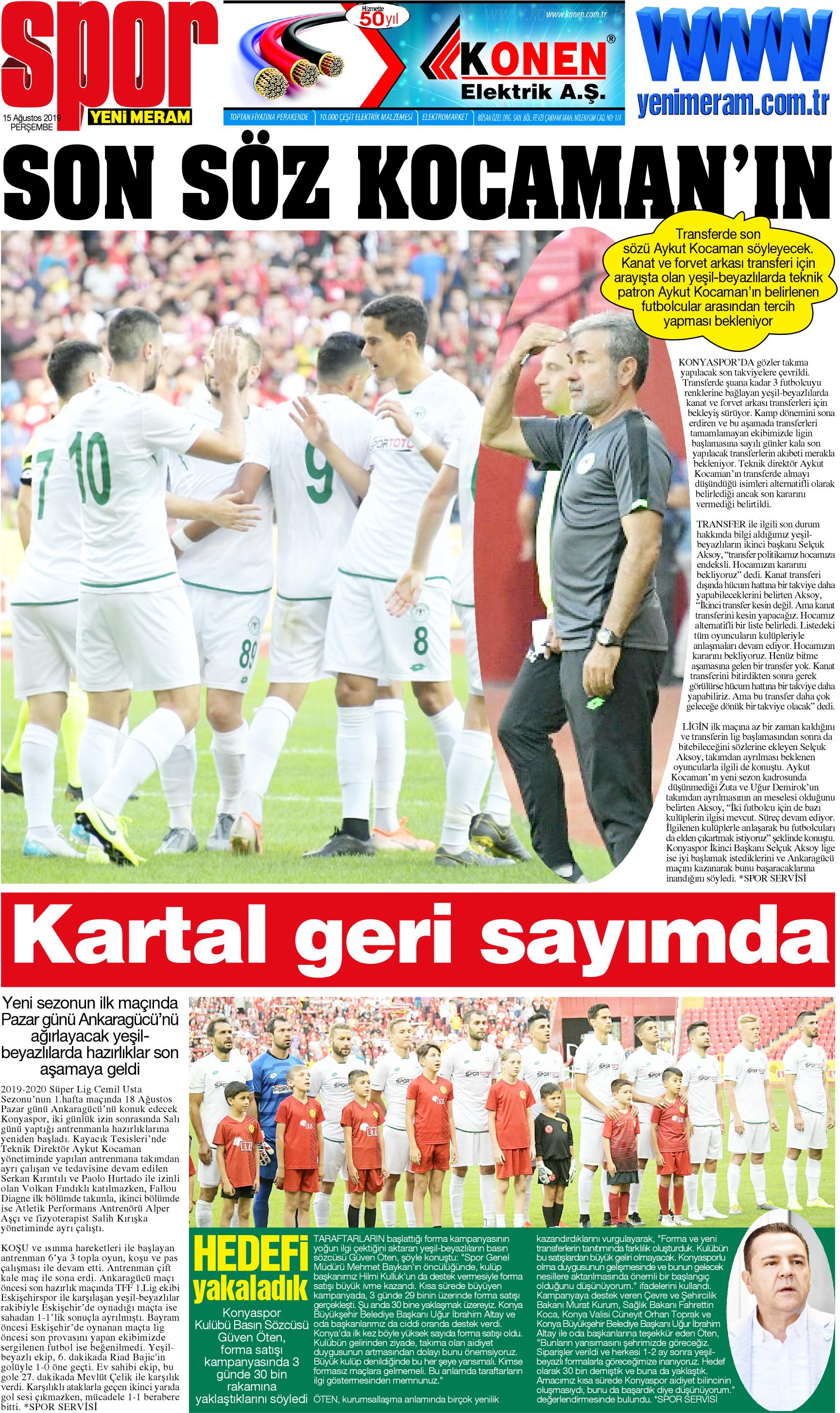 15 Ağustos 2019 Yeni Meram Gazetesi