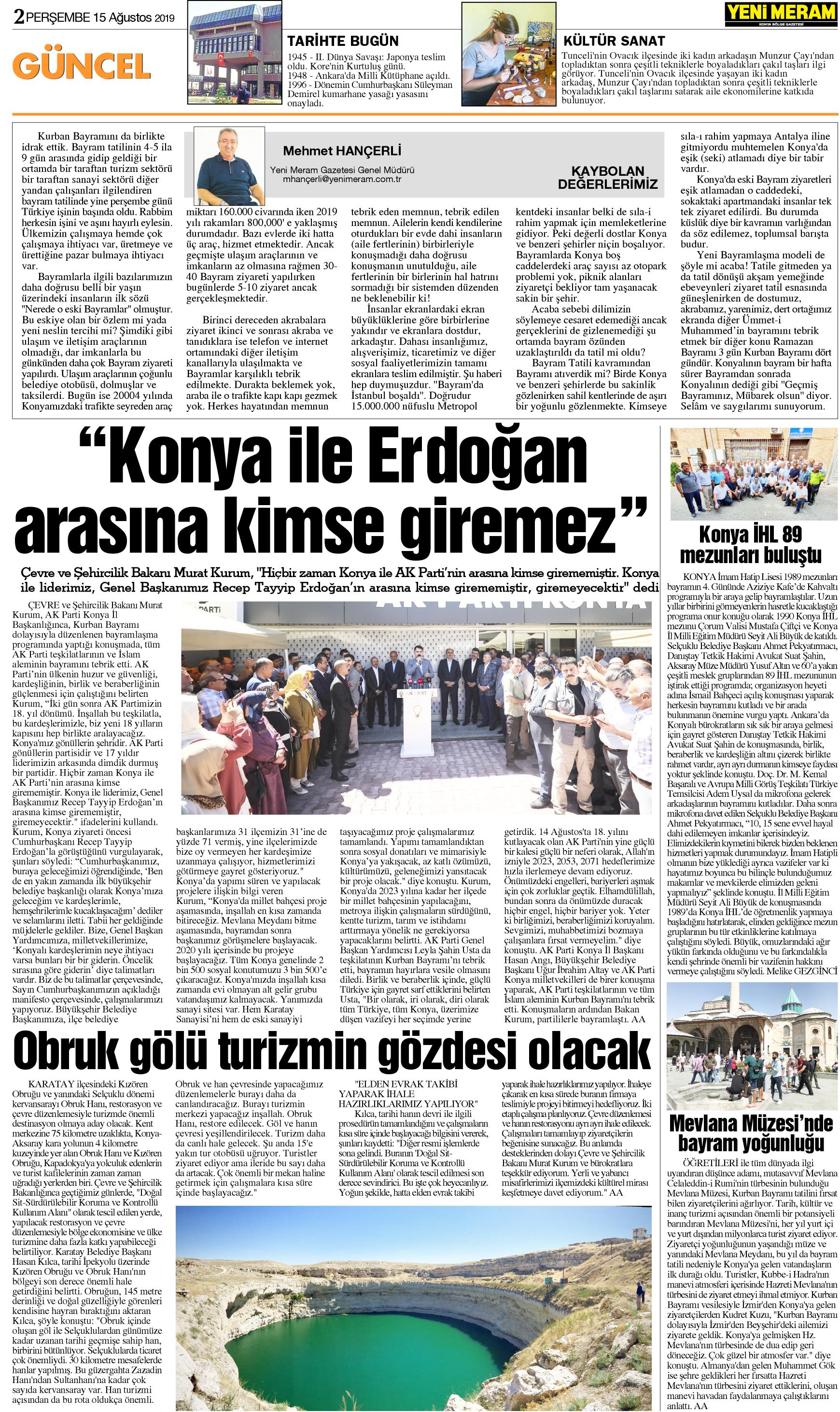 15 Ağustos 2019 Yeni Meram Gazetesi