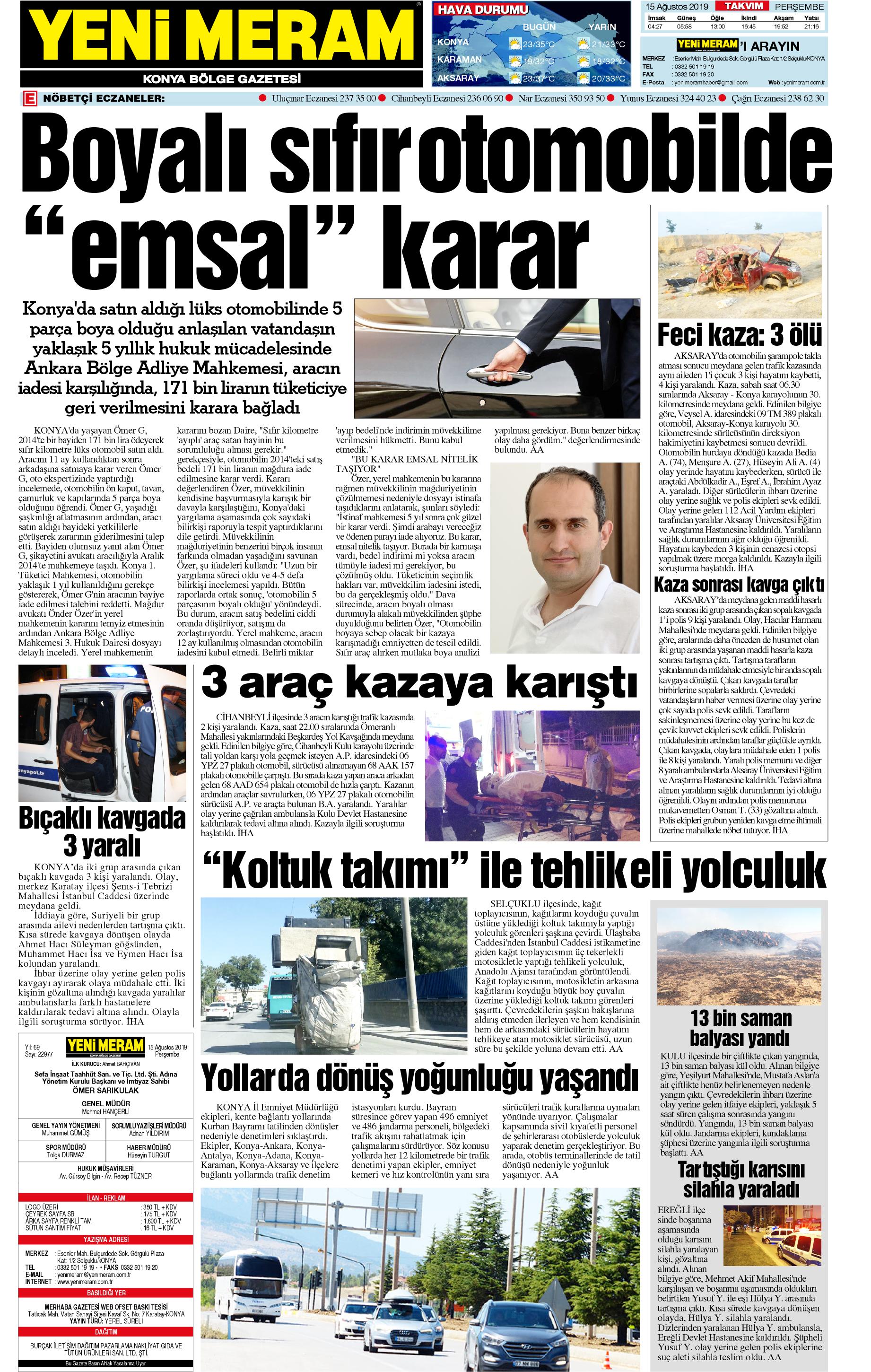 15 Ağustos 2019 Yeni Meram Gazetesi