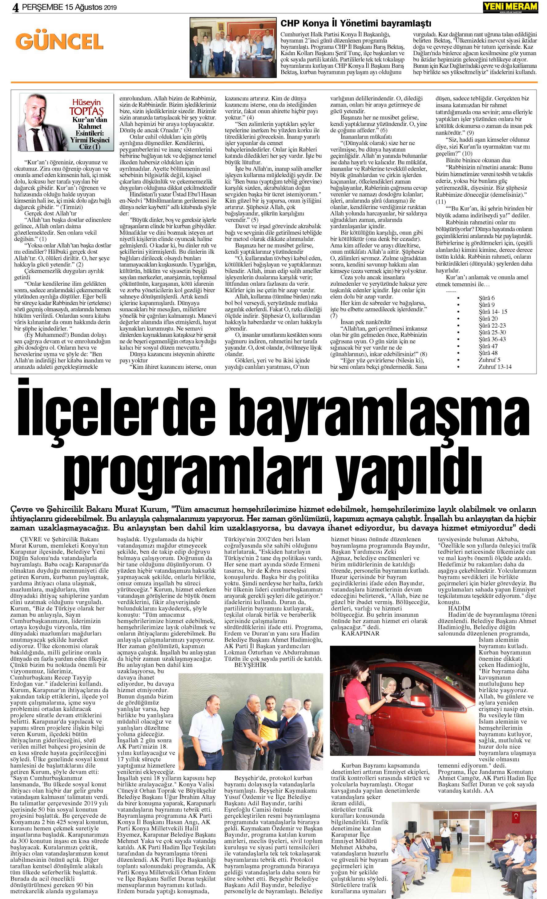 15 Ağustos 2019 Yeni Meram Gazetesi