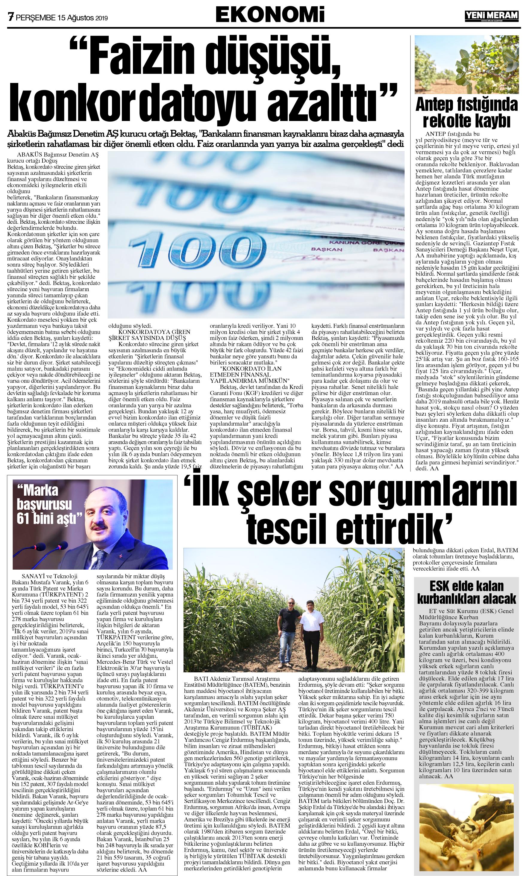 15 Ağustos 2019 Yeni Meram Gazetesi