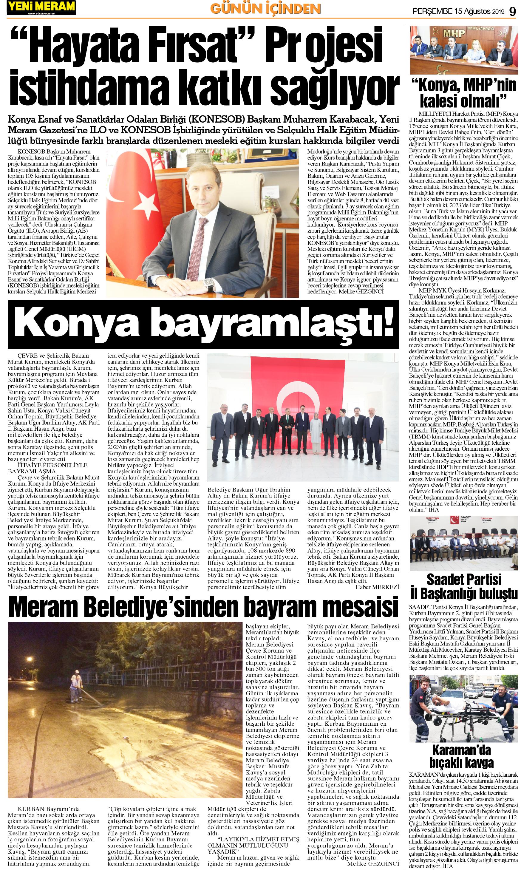 15 Ağustos 2019 Yeni Meram Gazetesi