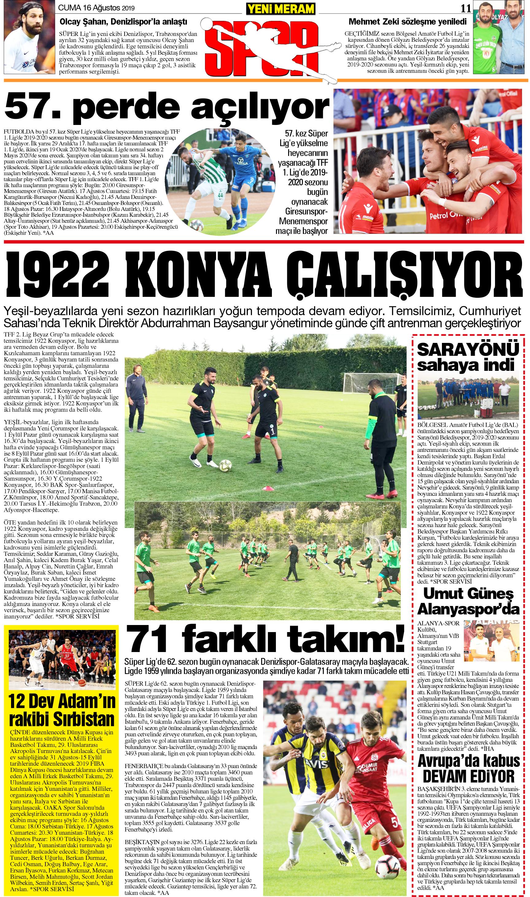 16 Ağustos 2019 Yeni Meram Gazetesi