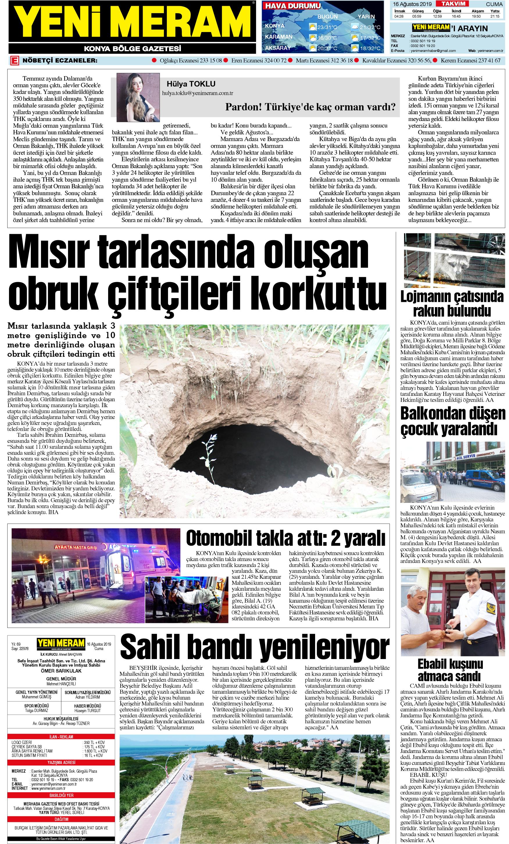 16 Ağustos 2019 Yeni Meram Gazetesi