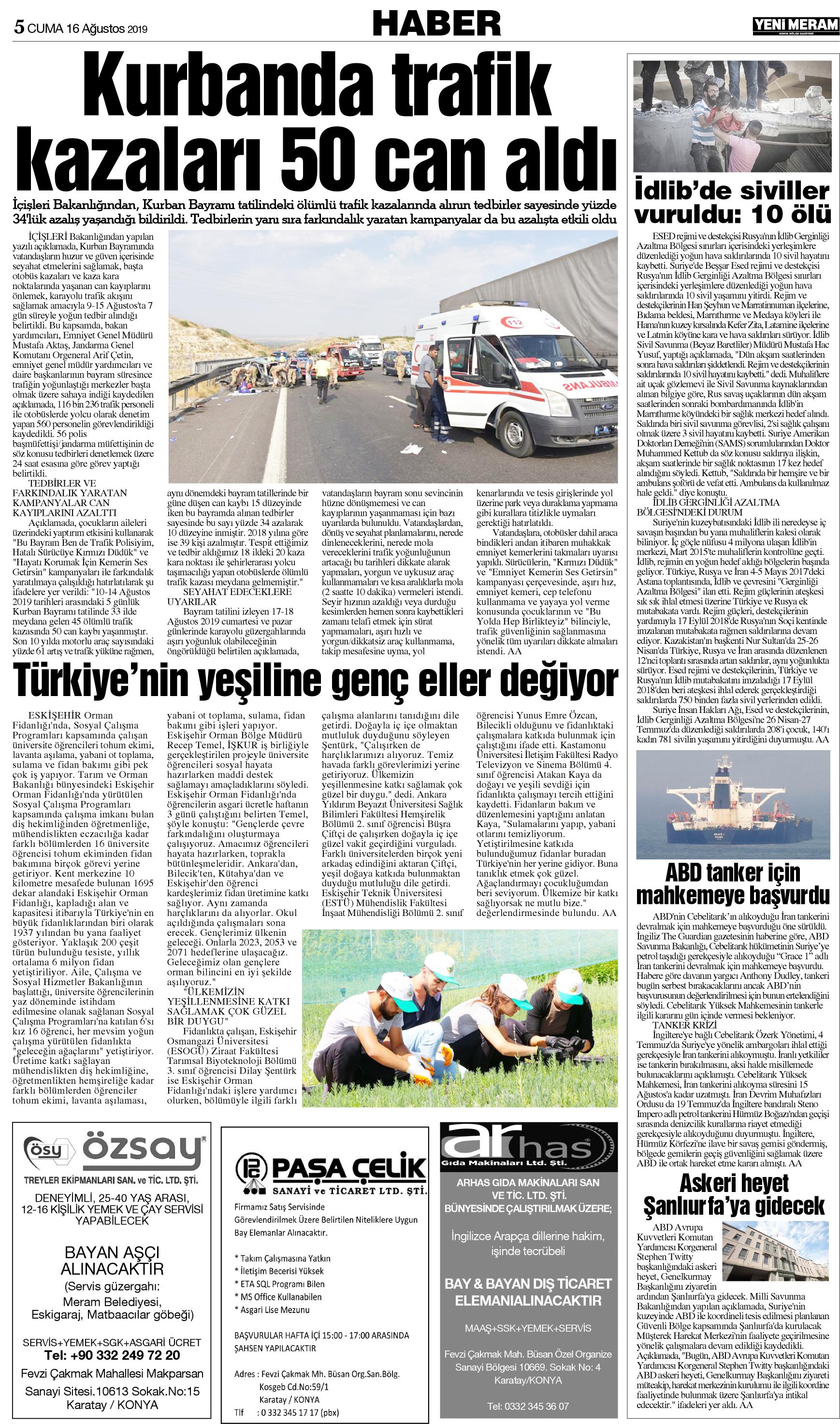 16 Ağustos 2019 Yeni Meram Gazetesi