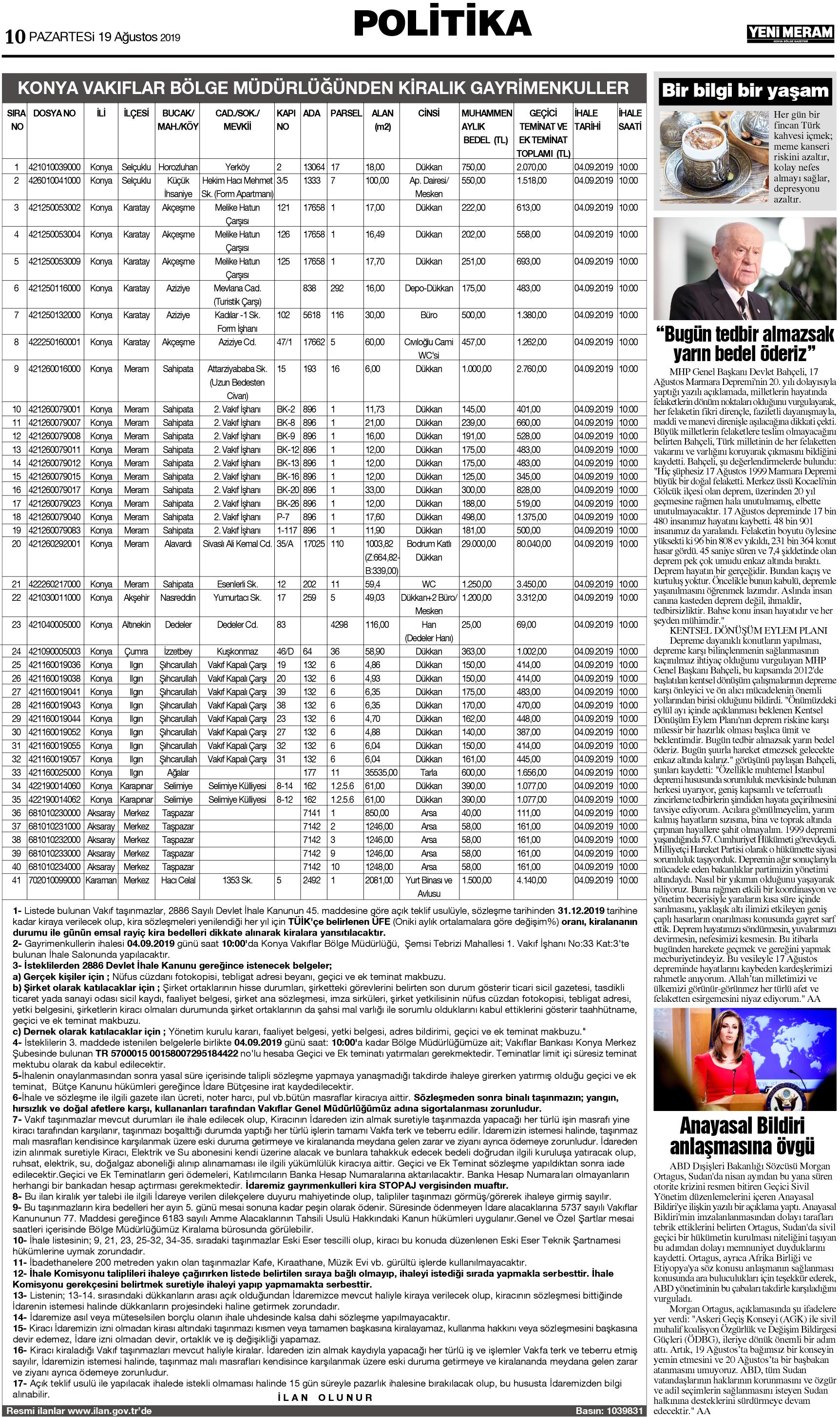 19 Ağustos 2019 Yeni Meram Gazetesi