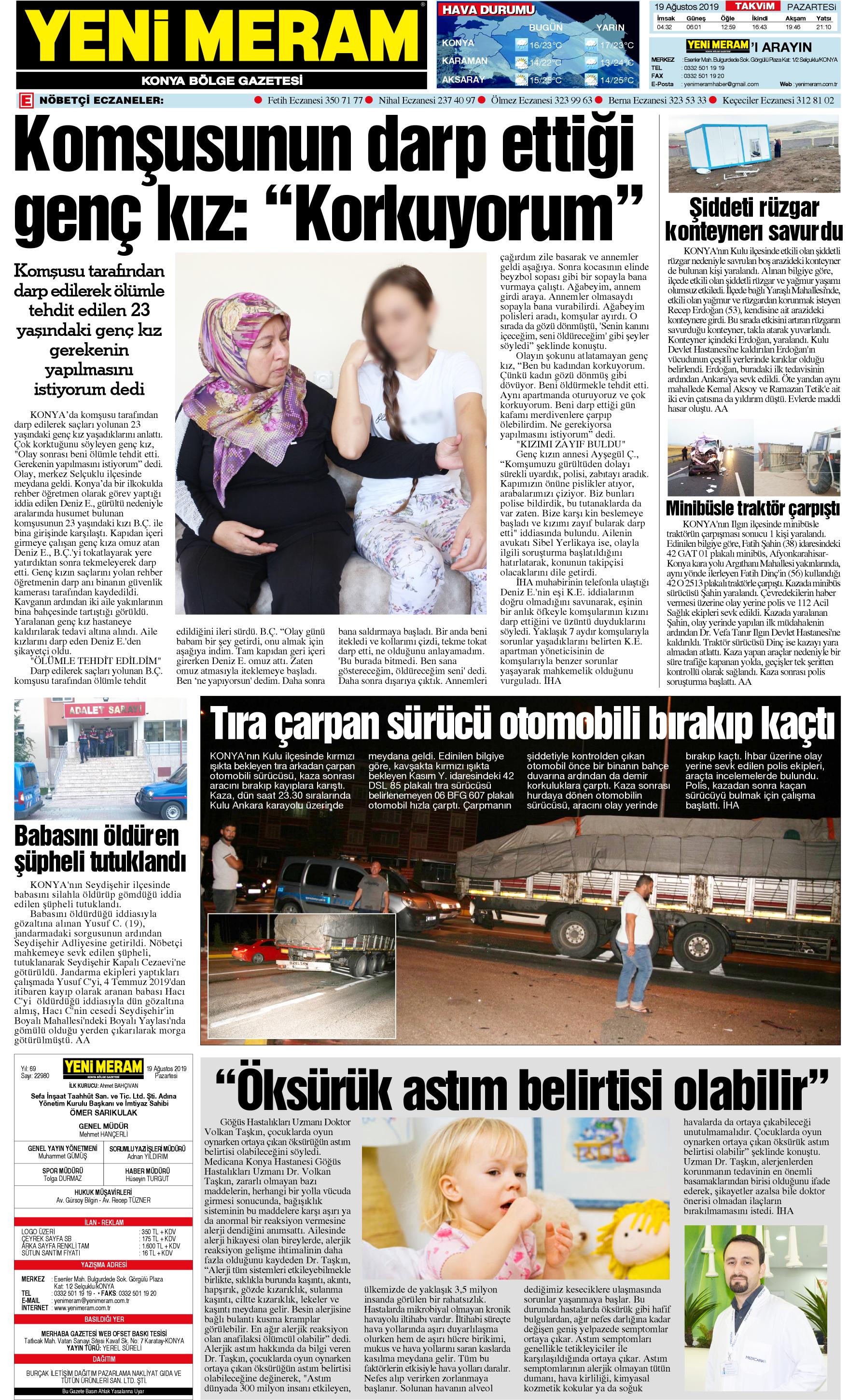 19 Ağustos 2019 Yeni Meram Gazetesi