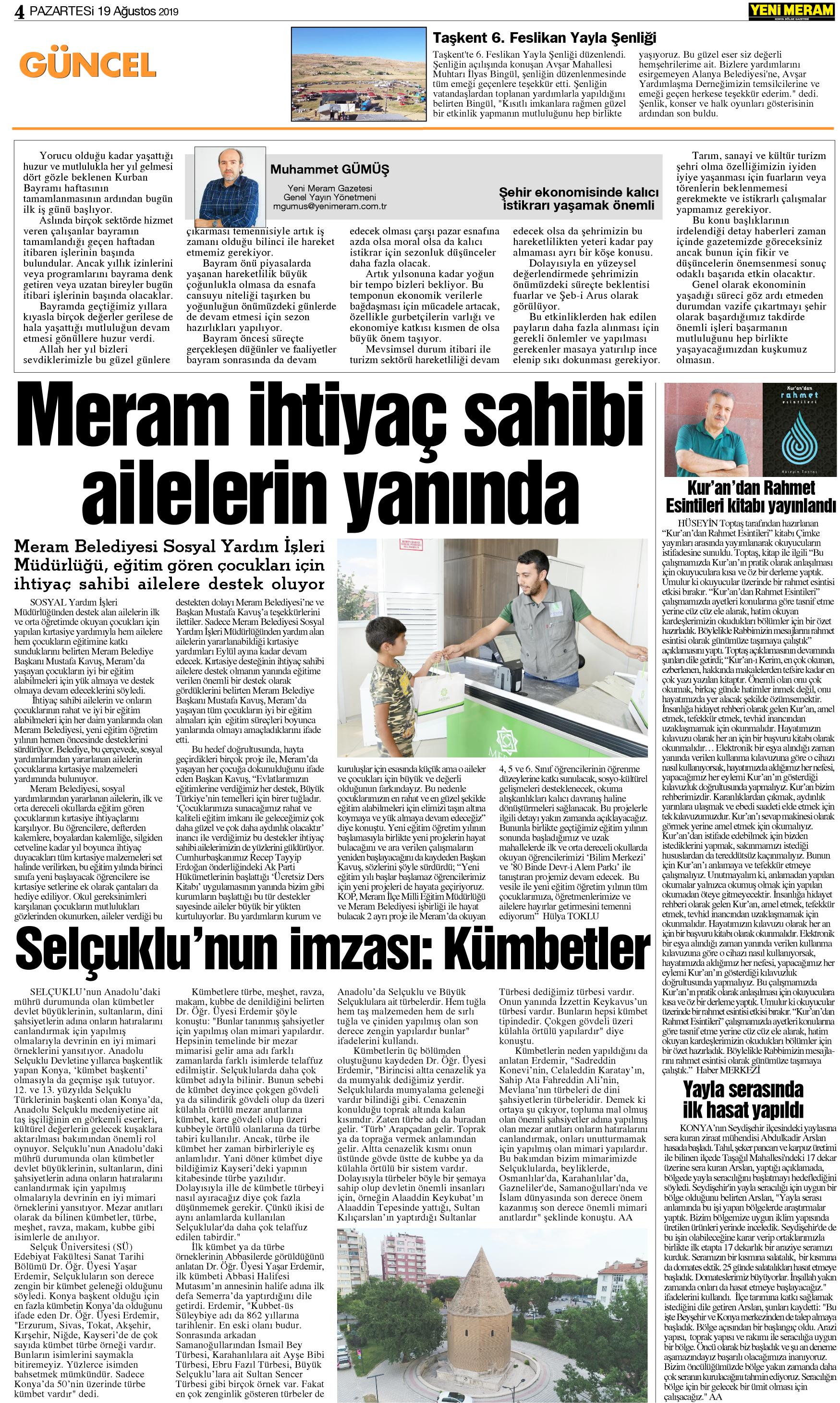 19 Ağustos 2019 Yeni Meram Gazetesi