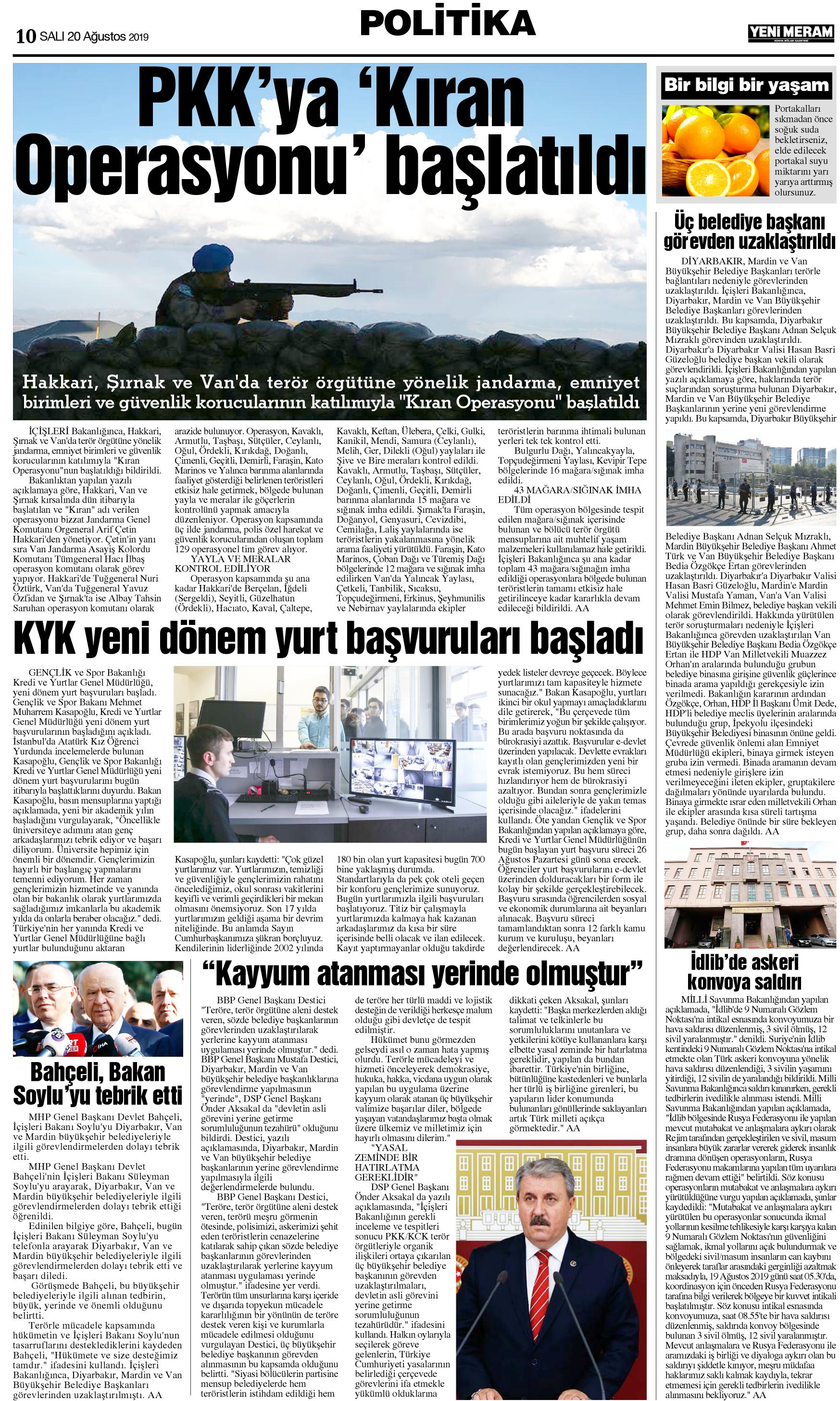 20 Ağustos 2019 Yeni Meram Gazetesi