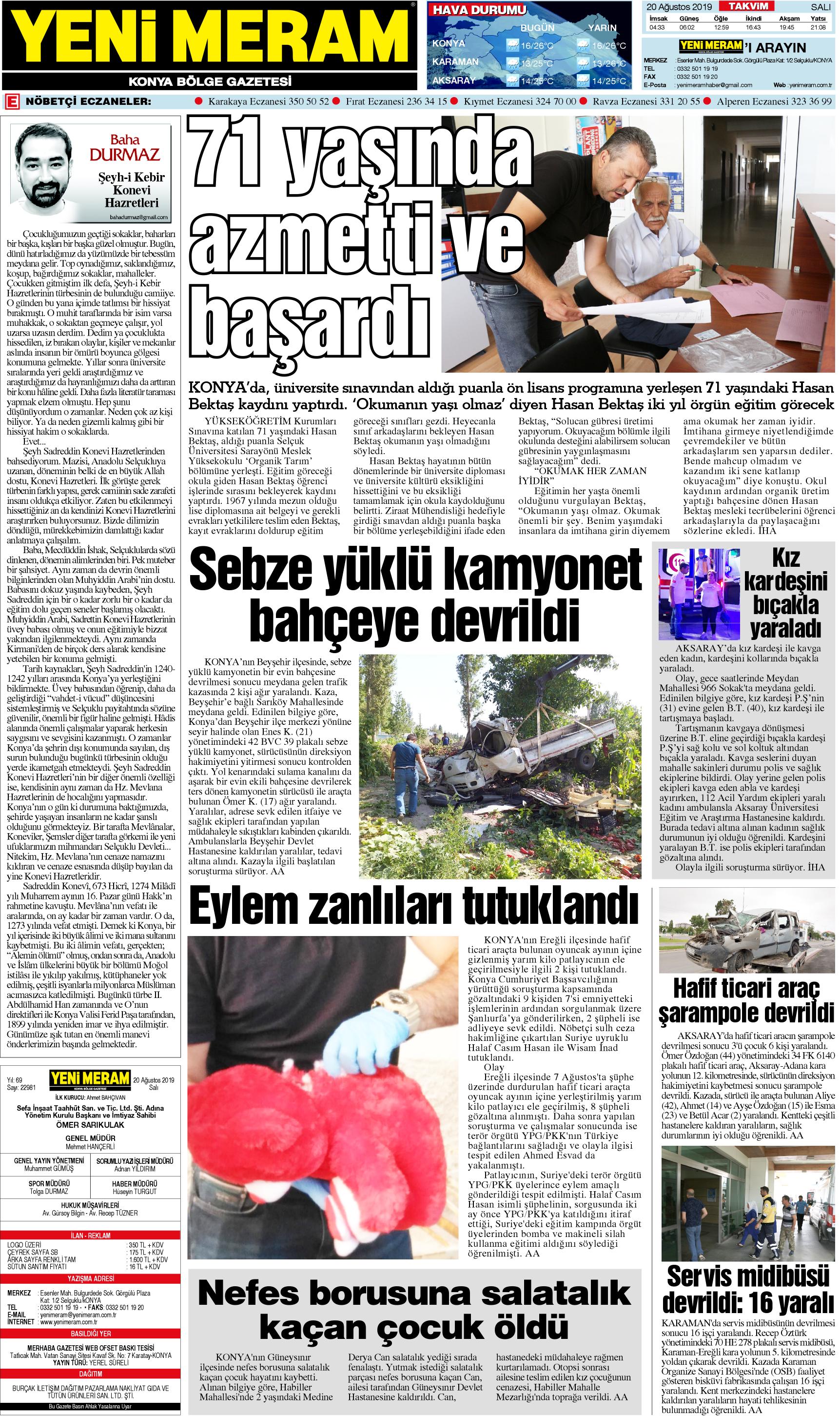 20 Ağustos 2019 Yeni Meram Gazetesi