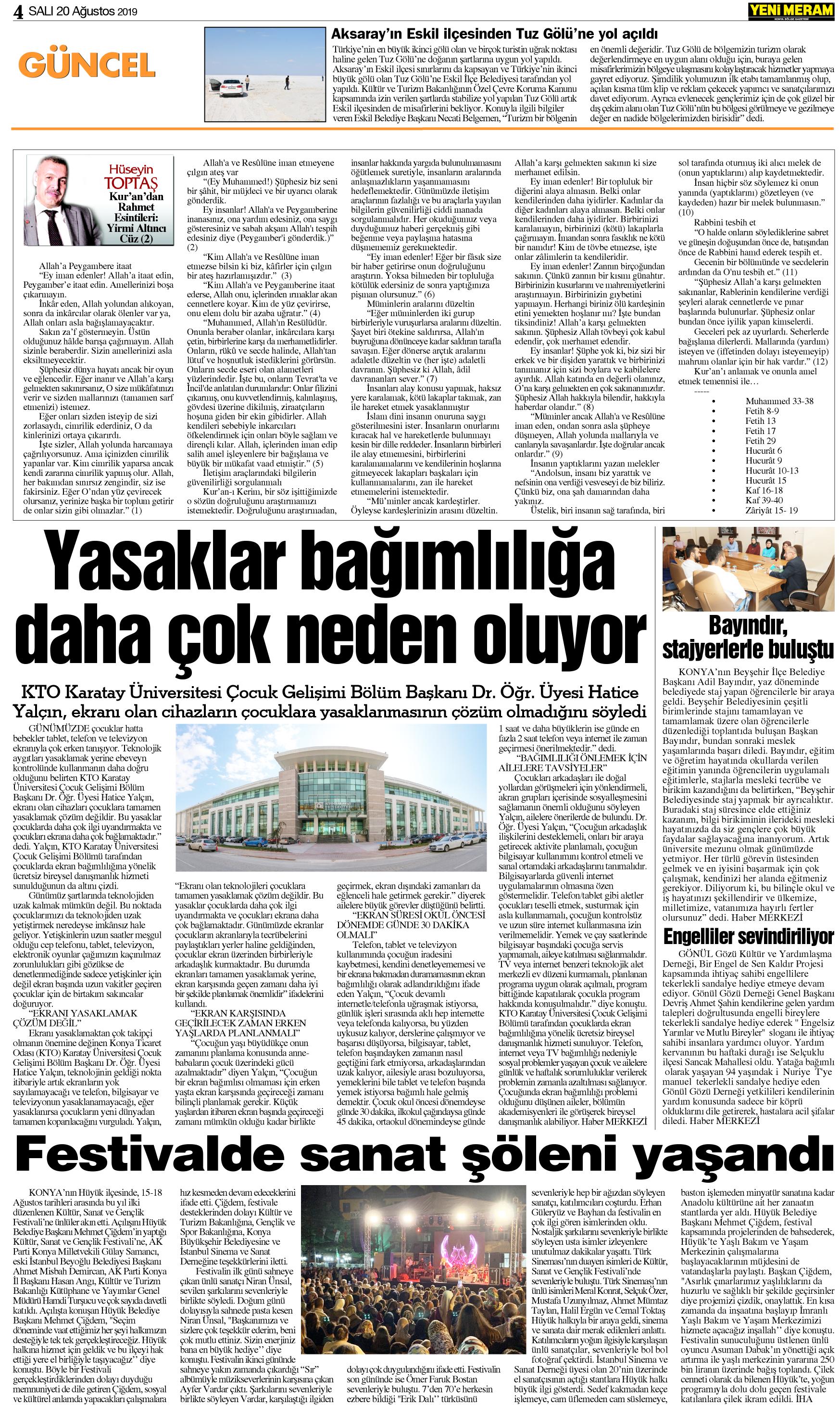 20 Ağustos 2019 Yeni Meram Gazetesi