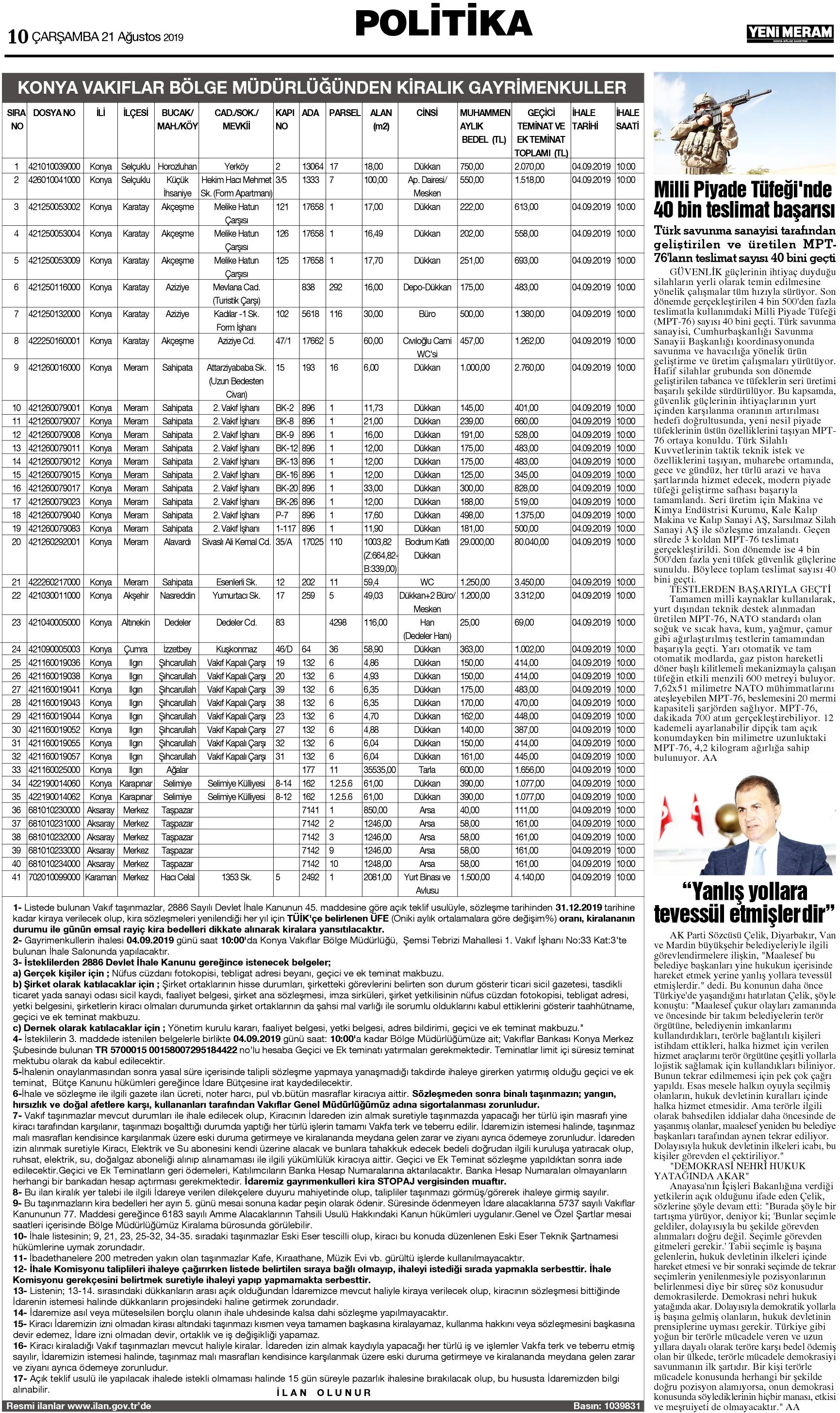 21 Ağustos 2019 Yeni Meram Gazetesi