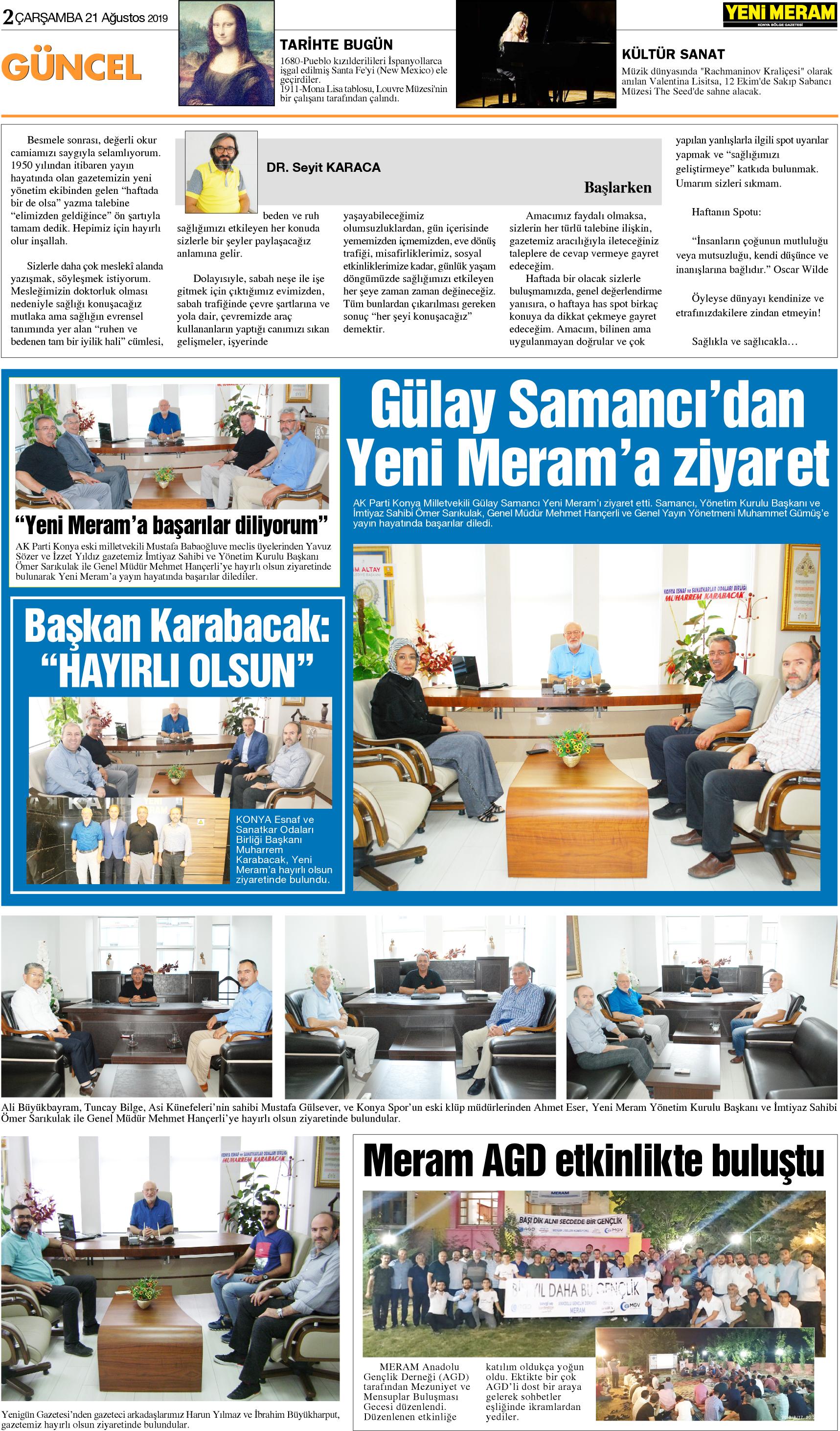 21 Ağustos 2019 Yeni Meram Gazetesi