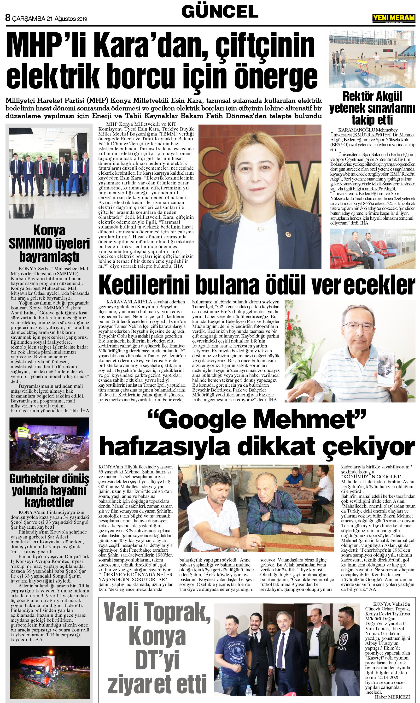 21 Ağustos 2019 Yeni Meram Gazetesi