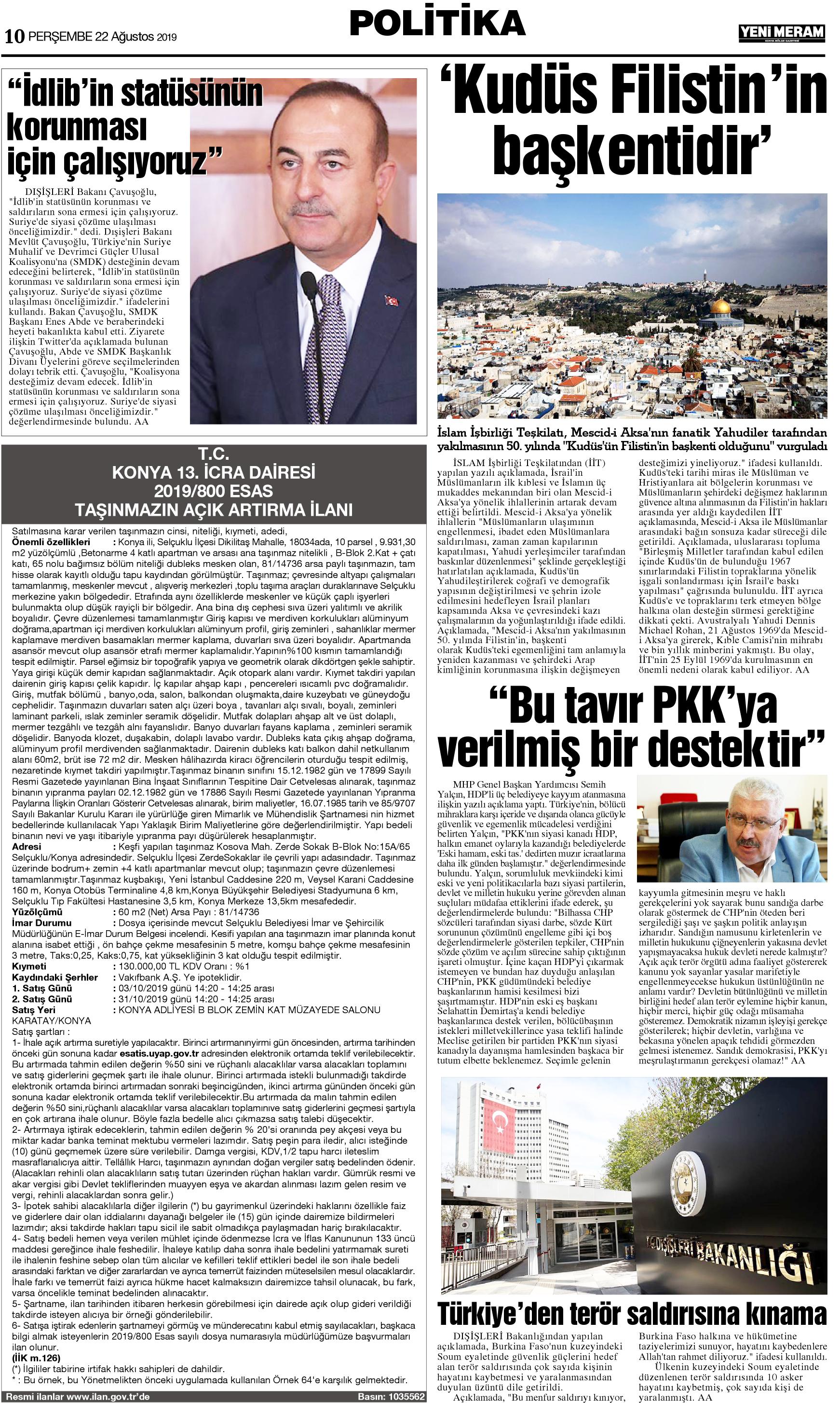 22 Ağustos 2019 Yeni Meram Gazetesi