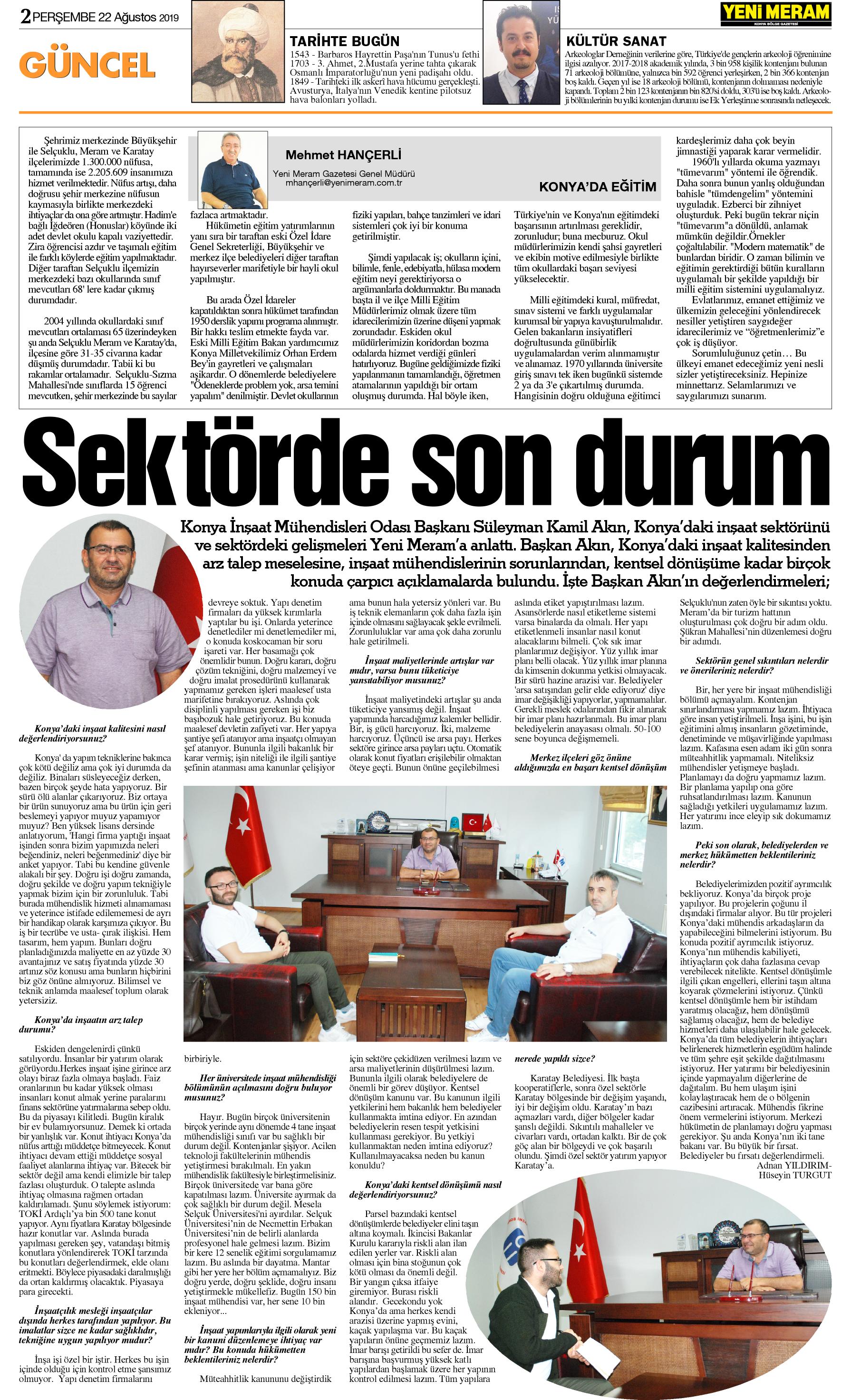 22 Ağustos 2019 Yeni Meram Gazetesi