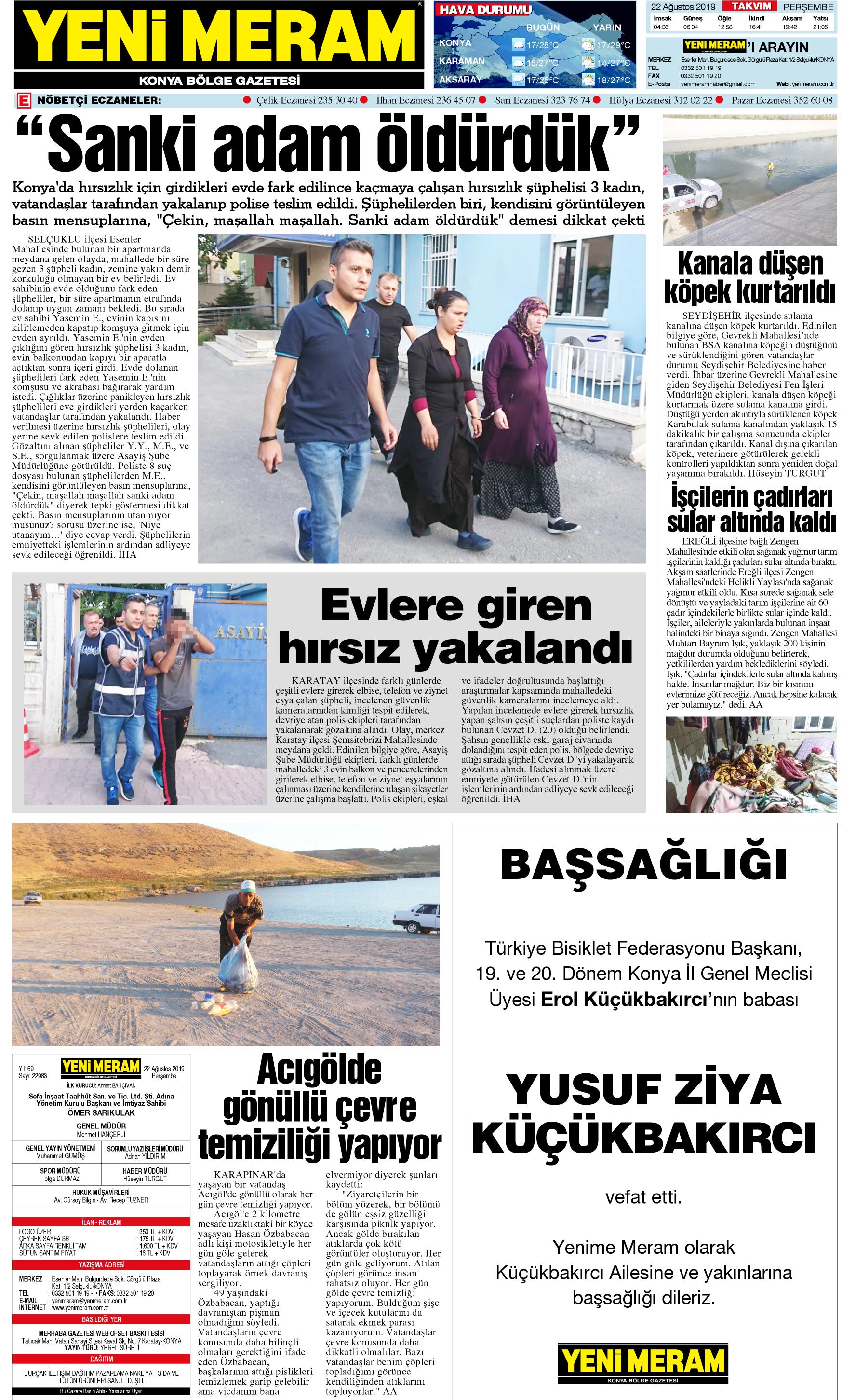 22 Ağustos 2019 Yeni Meram Gazetesi