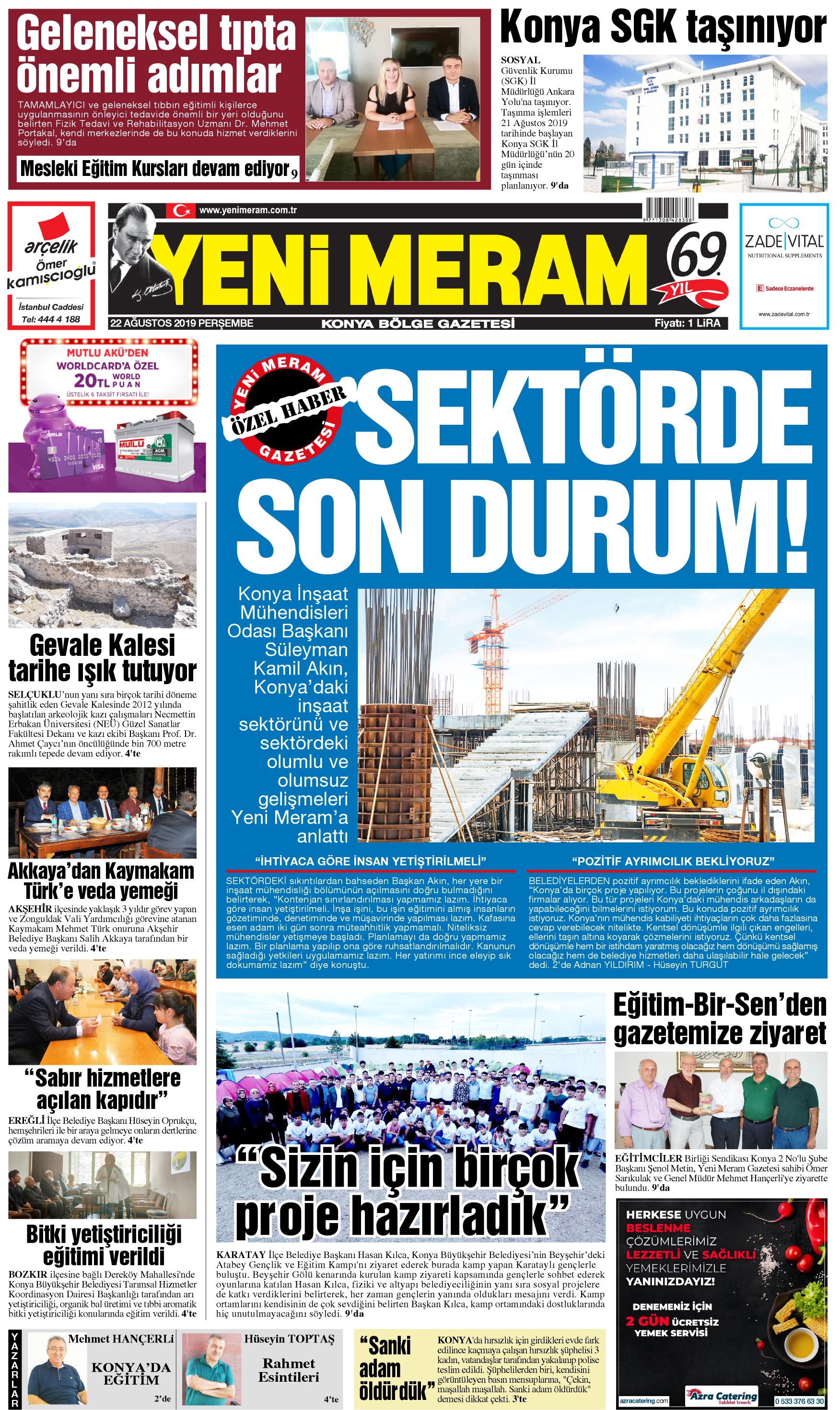 22 Ağustos 2019 Yeni Meram Gazetesi