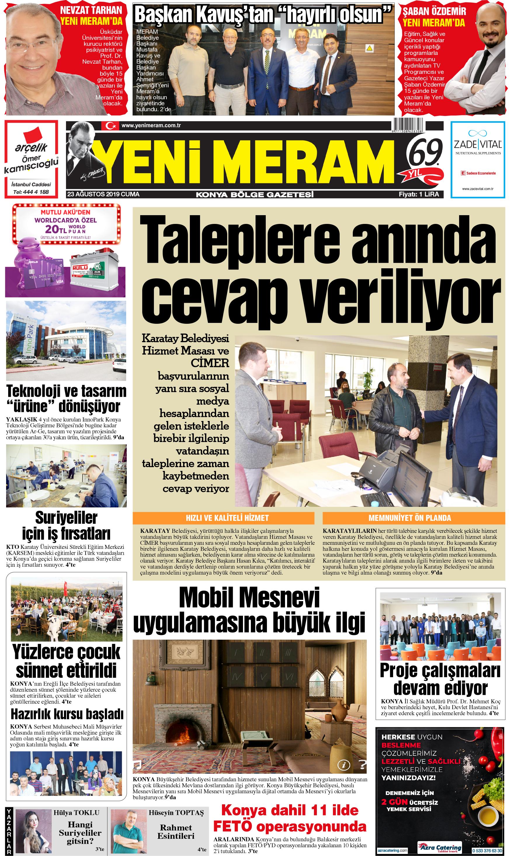 23 Ağustos 2019 Yeni Meram Gazetesi