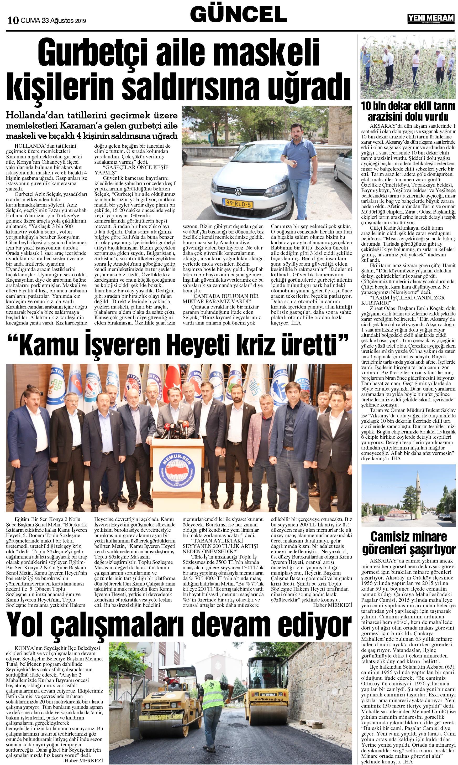 23 Ağustos 2019 Yeni Meram Gazetesi