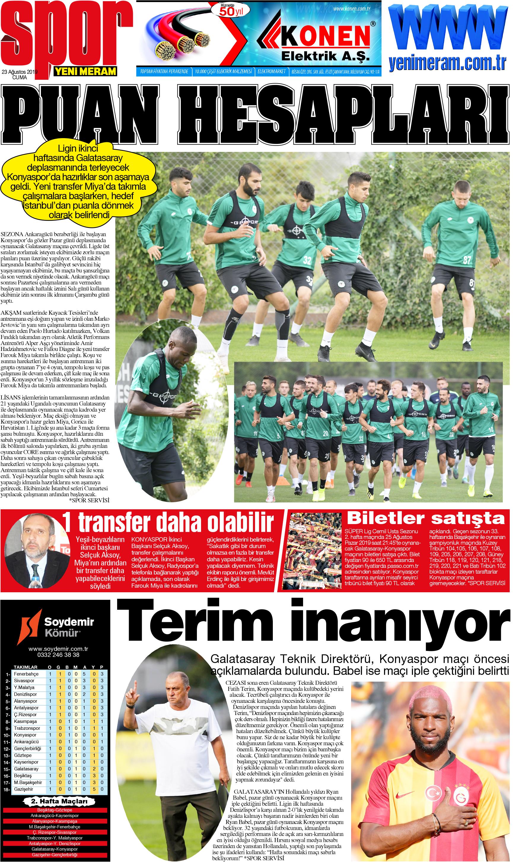 23 Ağustos 2019 Yeni Meram Gazetesi